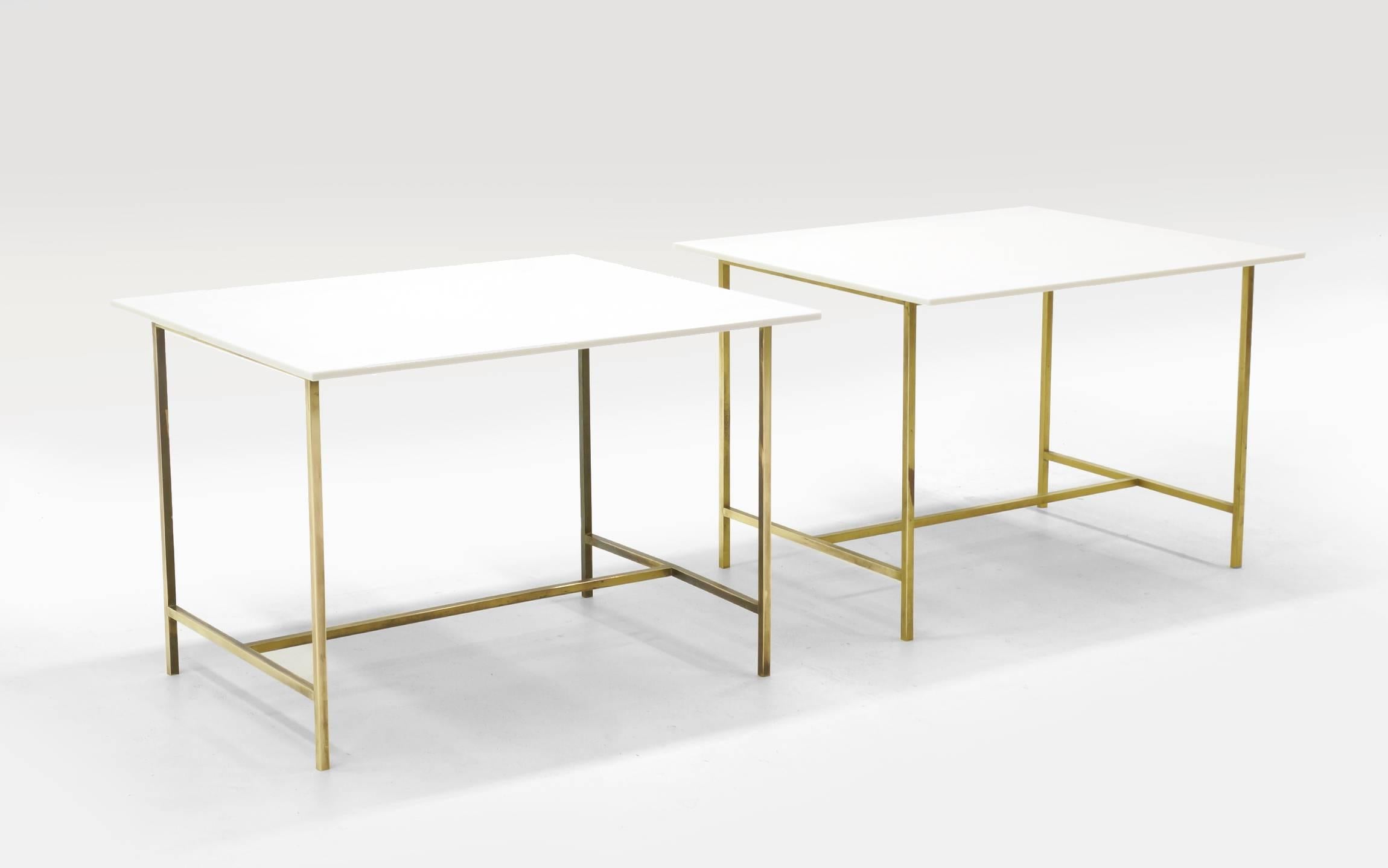 Mid-Century Modern Pair of Paul McCobb Side or End Tables Brass with White Glass / Vitrolite Tops