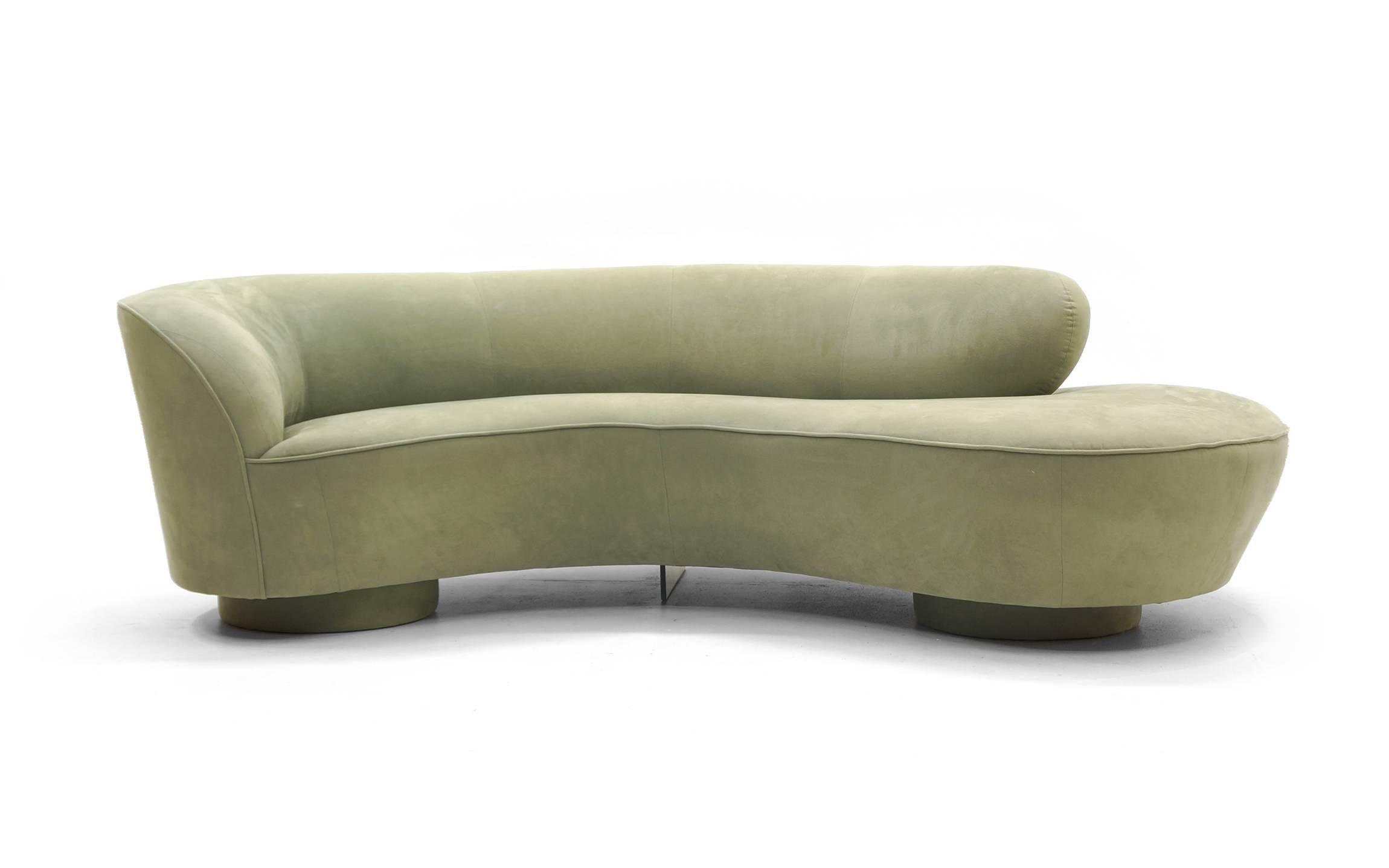 Vladimir Kagan sofa for Directional. Original green gray Ultrasuede in excellent condition. Classic Kagan design.
