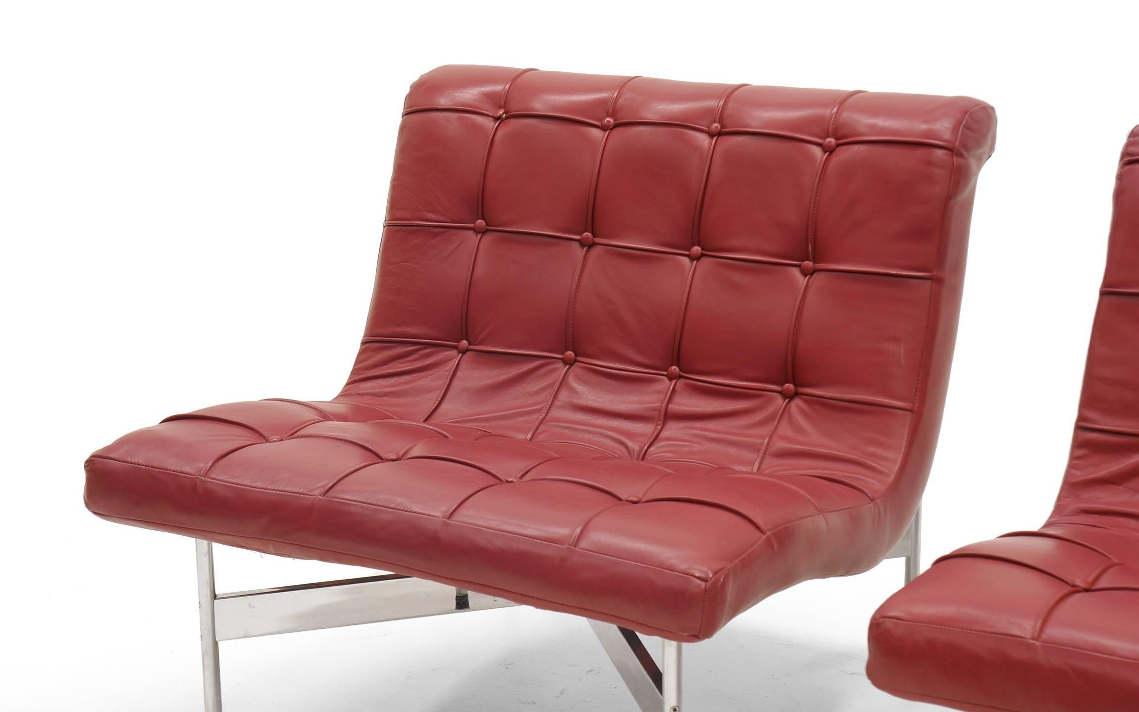 Mid-20th Century Pair of Laverne Red Leather Lounge Chairs For Sale