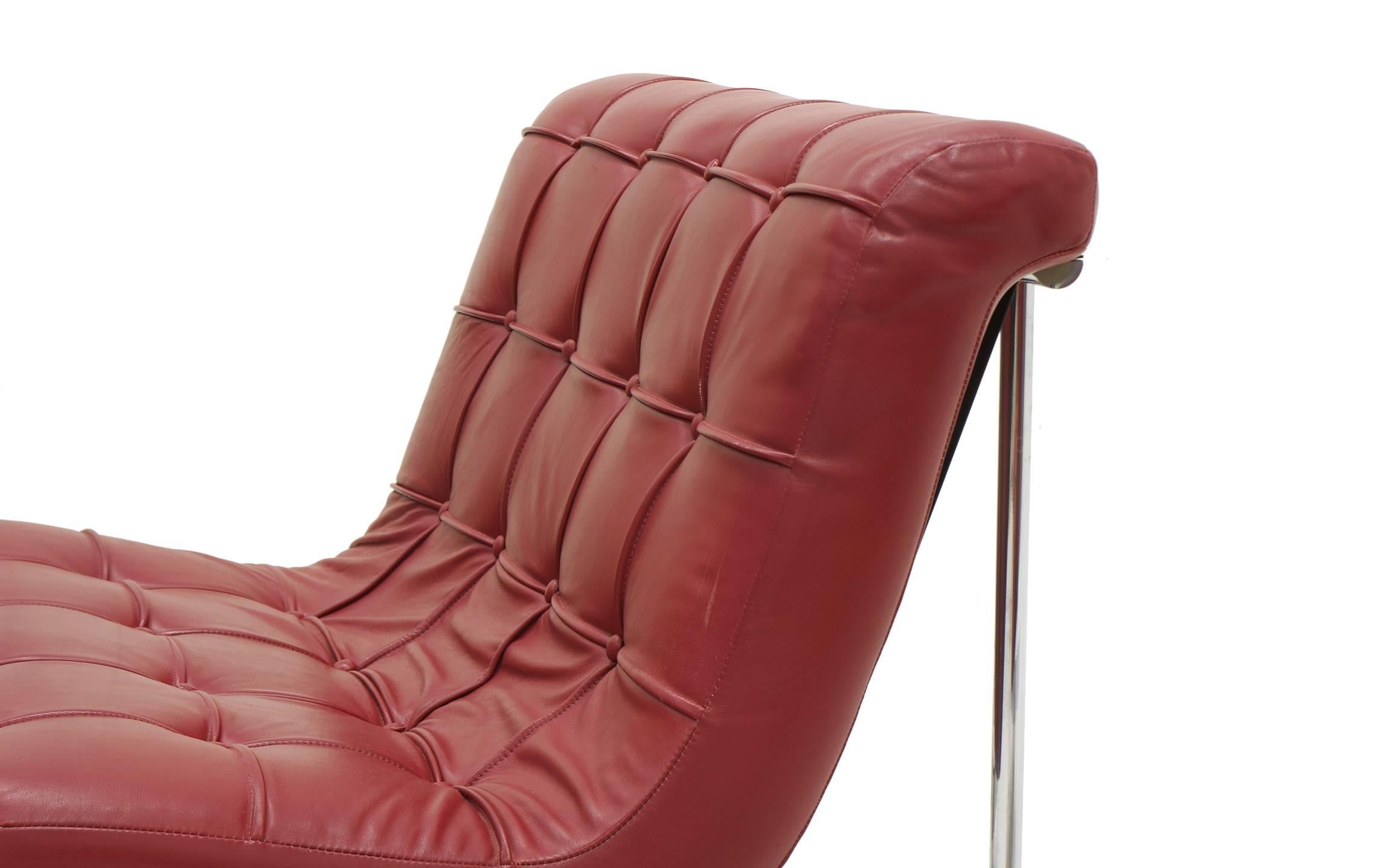 Steel Pair of Laverne Red Leather Lounge Chairs For Sale