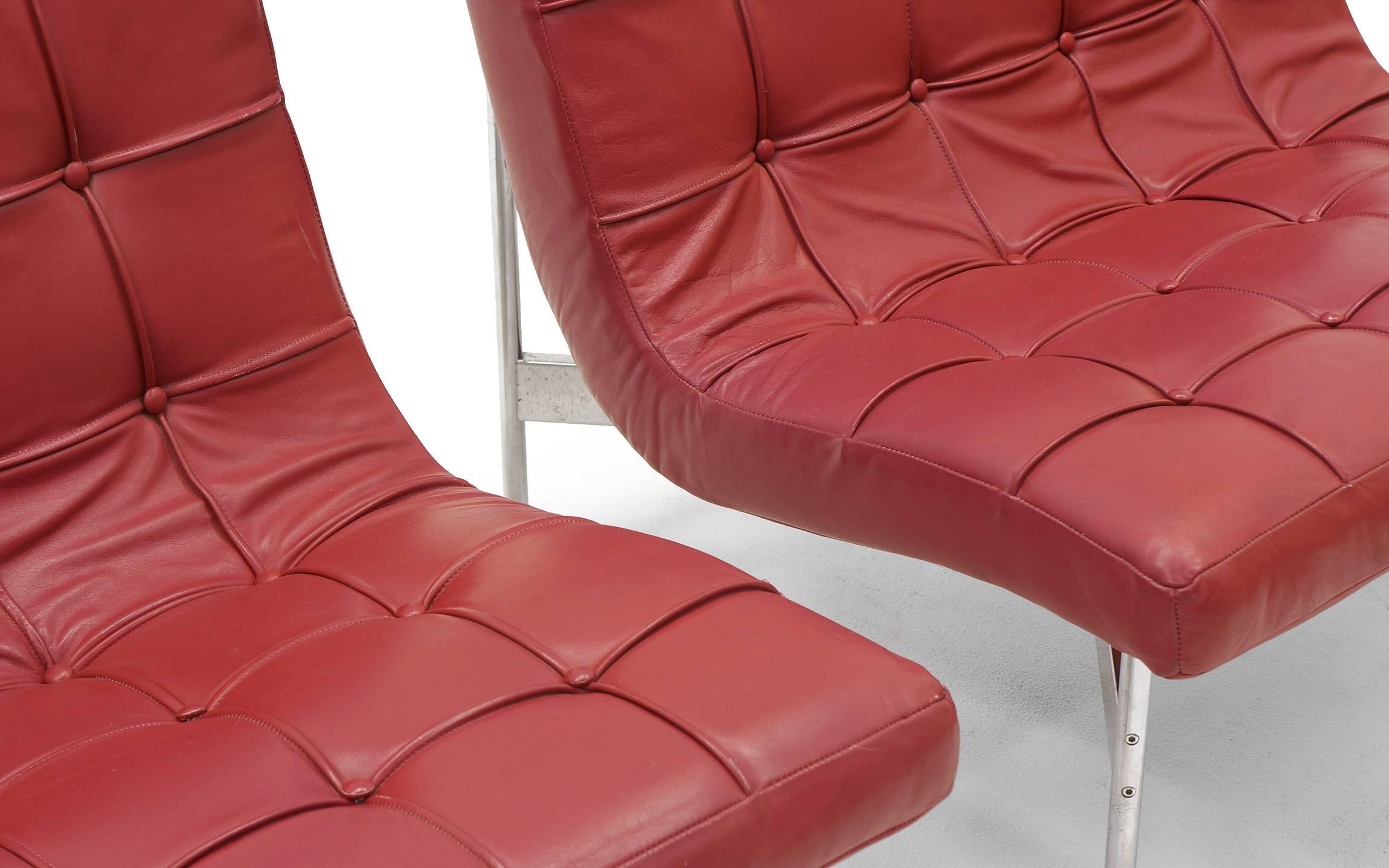 Pair of Laverne Red Leather Lounge Chairs For Sale 1