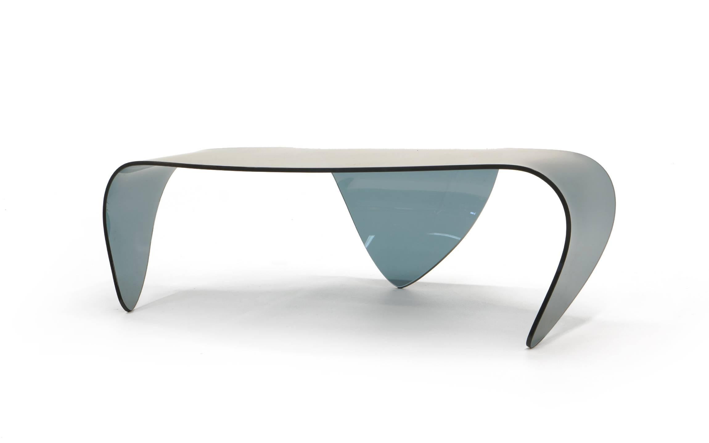 Modern All Glass Coffee Table, Biomorphic, Sculptural Blue/Gray Glass Form