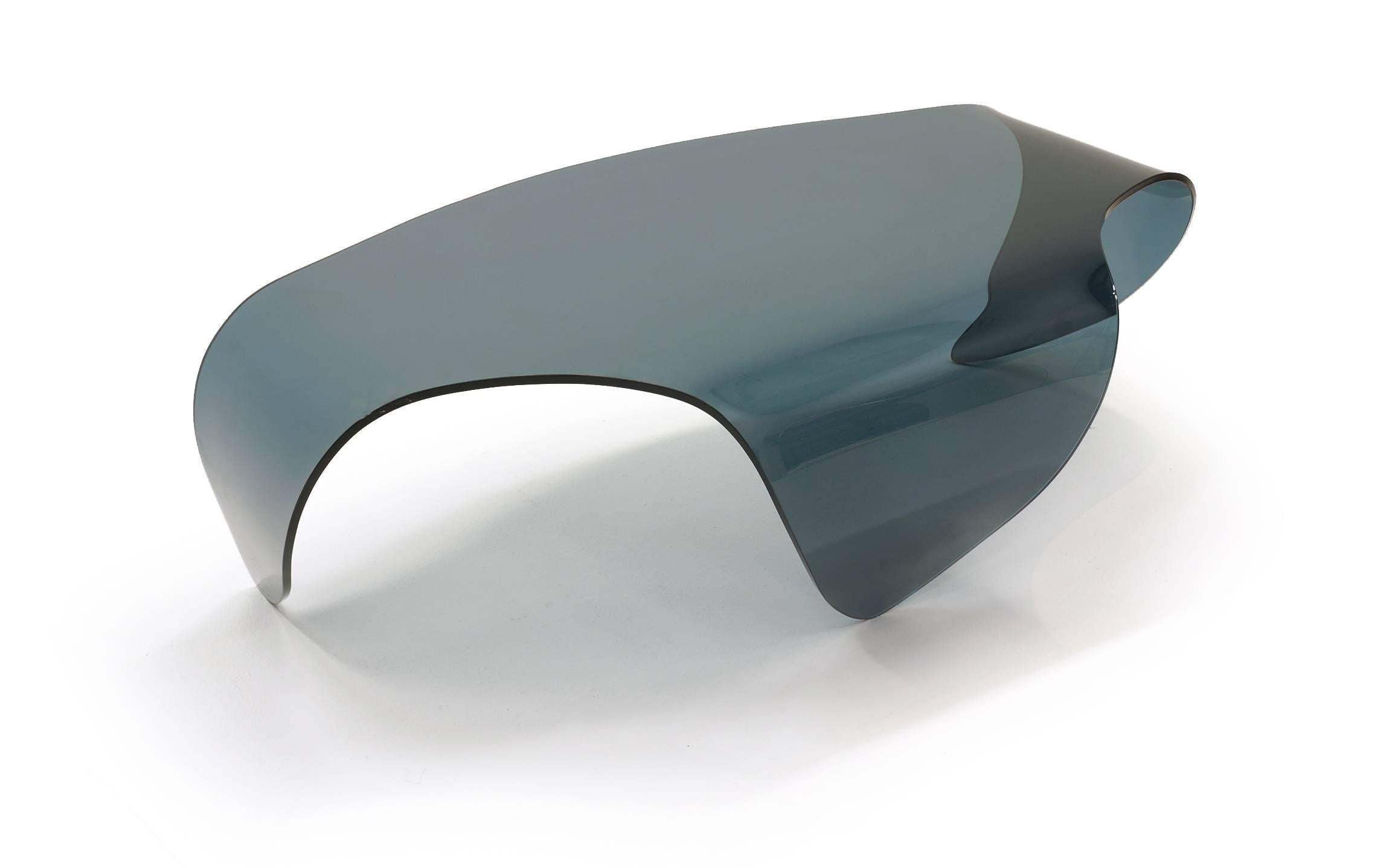 American All Glass Coffee Table, Biomorphic, Sculptural Blue/Gray Glass Form
