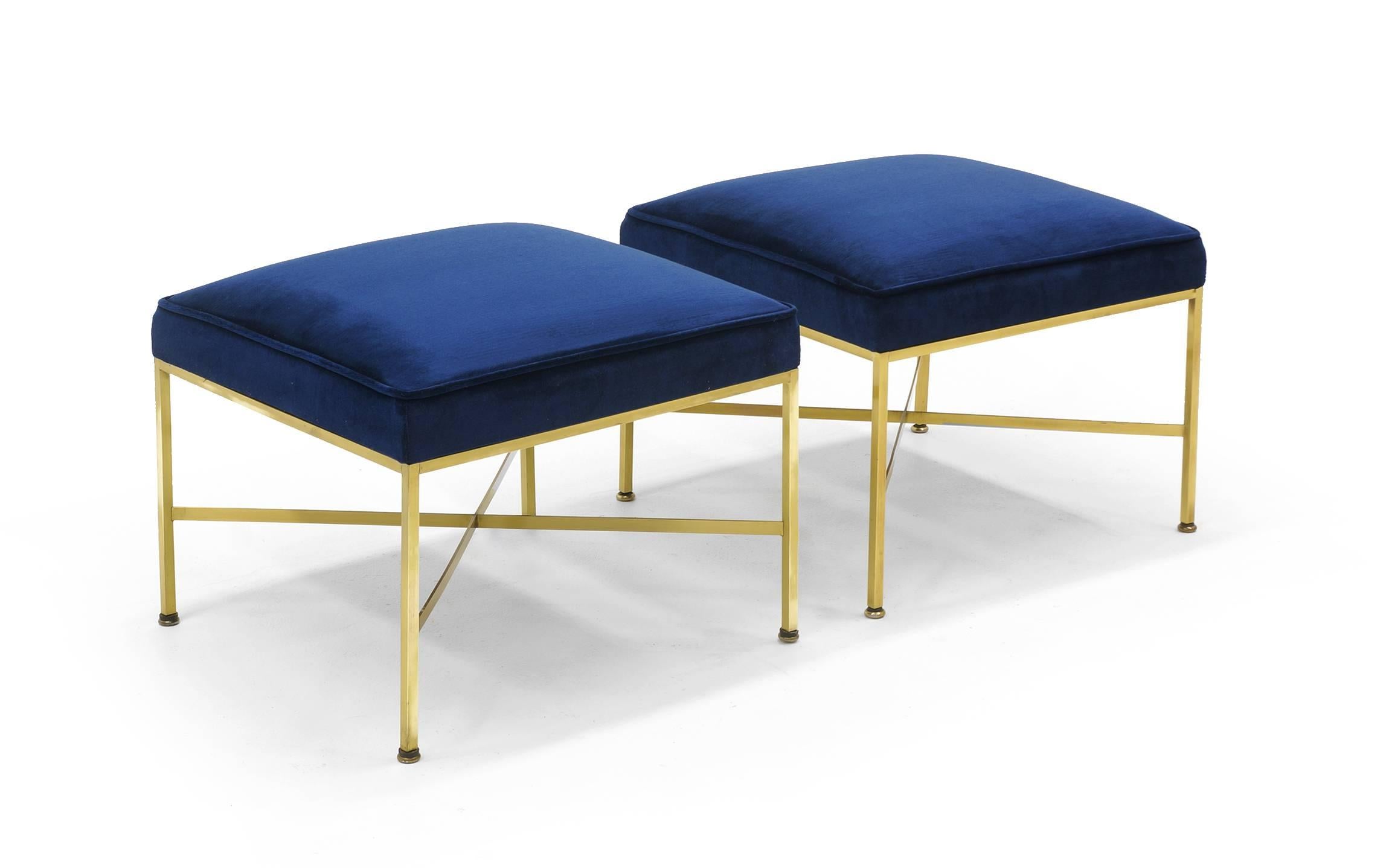 Mid-Century Modern Pair of Paul McCobb Stools Solid Brass Frames and Cross Stretchers Excellent