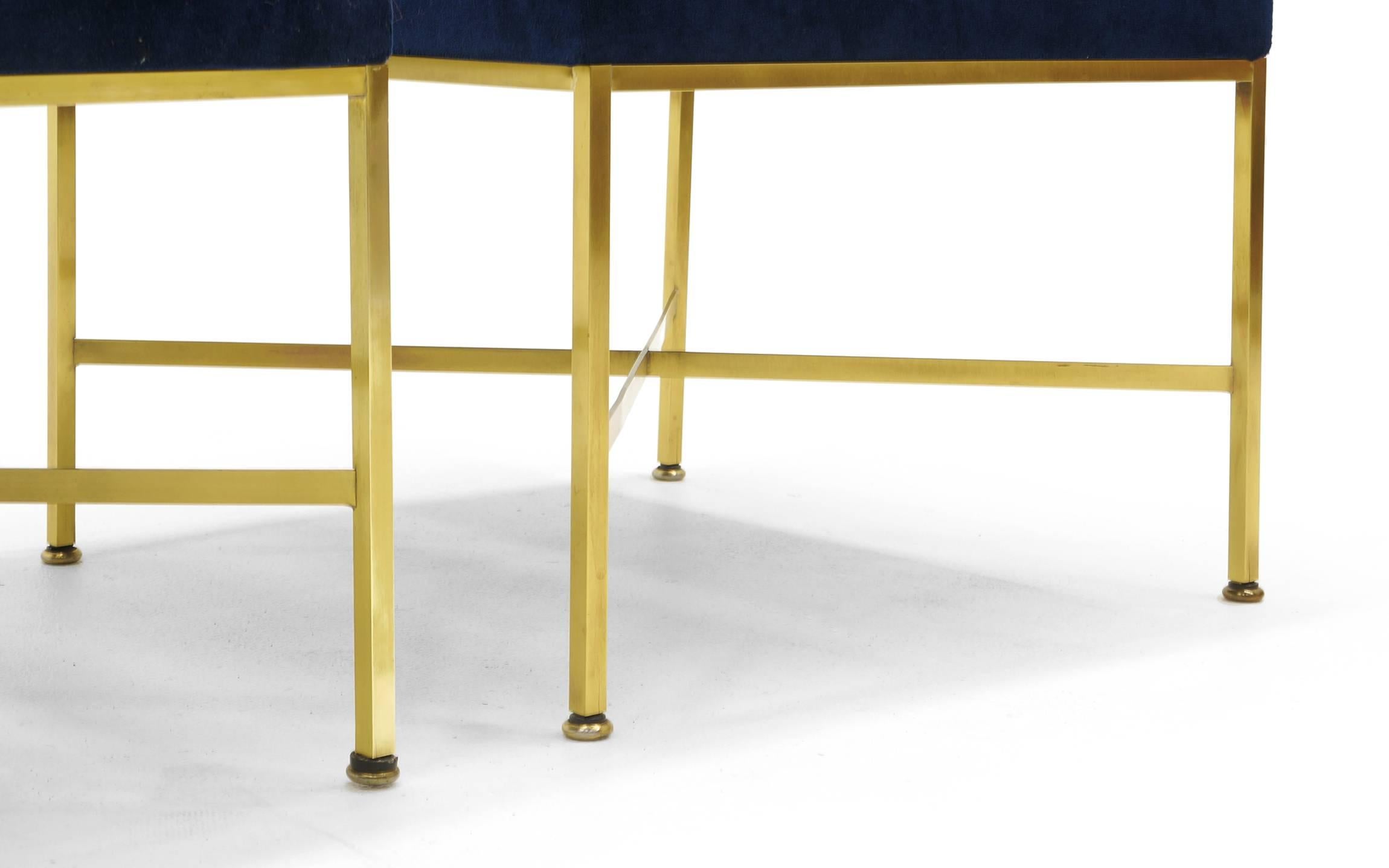 Pair of Paul McCobb Stools Solid Brass Frames and Cross Stretchers Excellent In Excellent Condition In Kansas City, MO