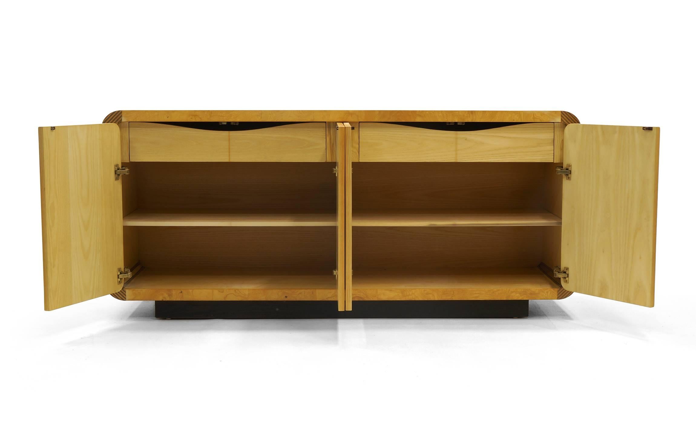 Hollywood Regency Henredon Scene Two Credenza/Buffet/Cabinet, Burl with Ebony Trim