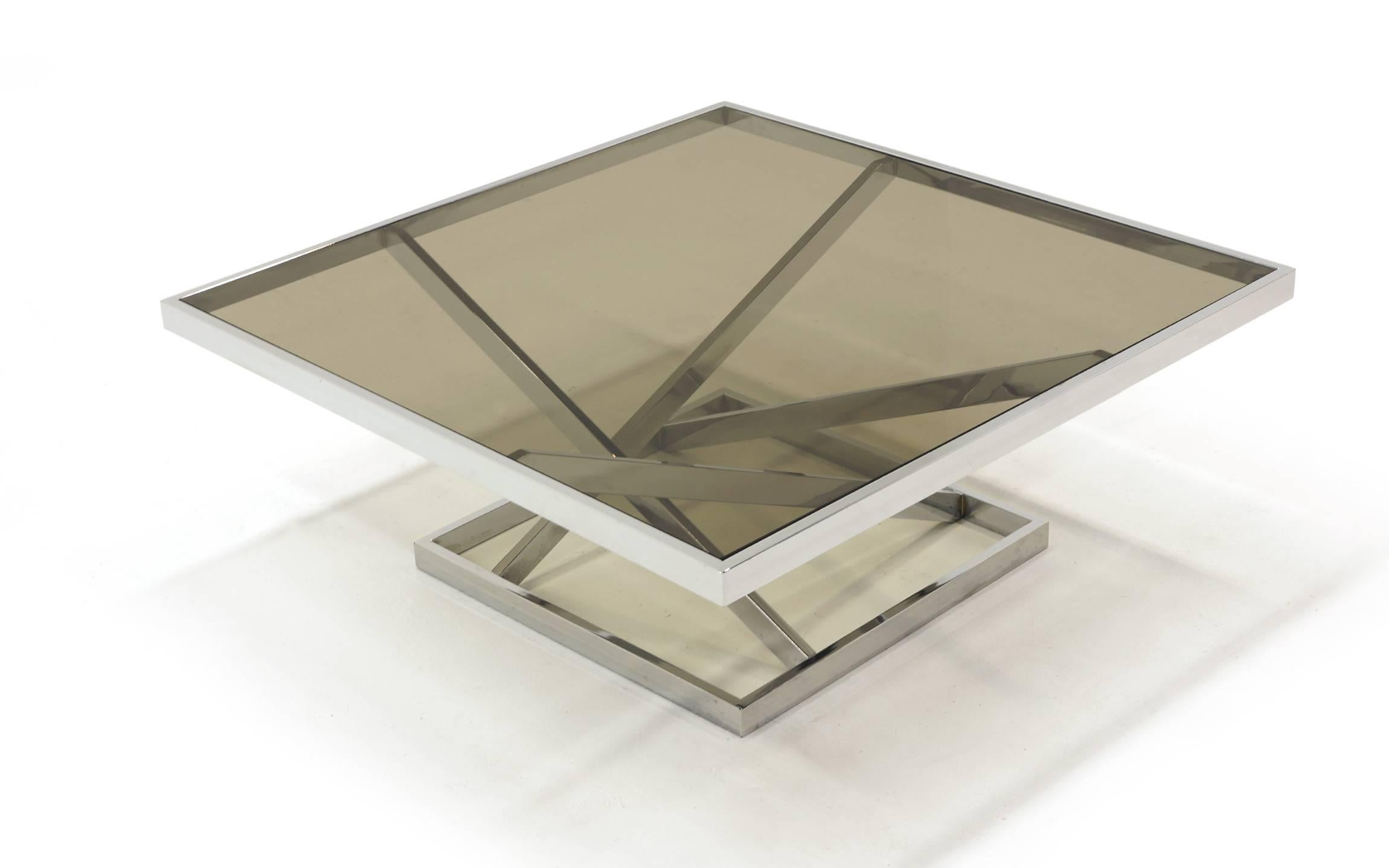 Mid-Century Modern Square Chrome and Smoked Gray Glass Coffee Table Attributed to Milo Baughman For Sale