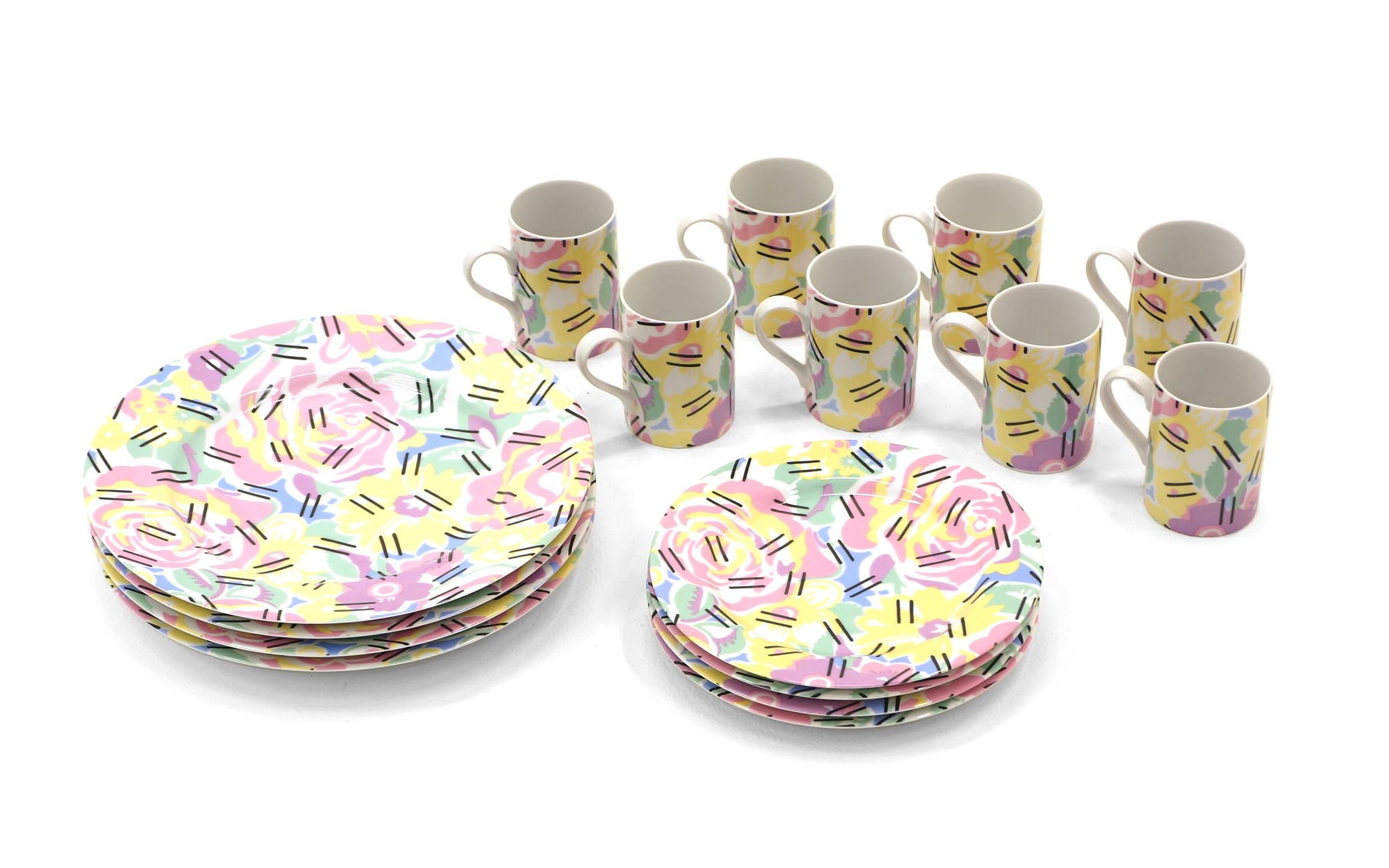 Grandmother tableware set by Robert Venturi and Denise Scott Brown for Swid Powell, 1984. Set of four plates, four saucers and 20 cups. 
Dinner plate: 12 in. diameter
Saucer: 9.13 in. diameter
Mug: 2.88 in. diameter, 3.88 in. height.