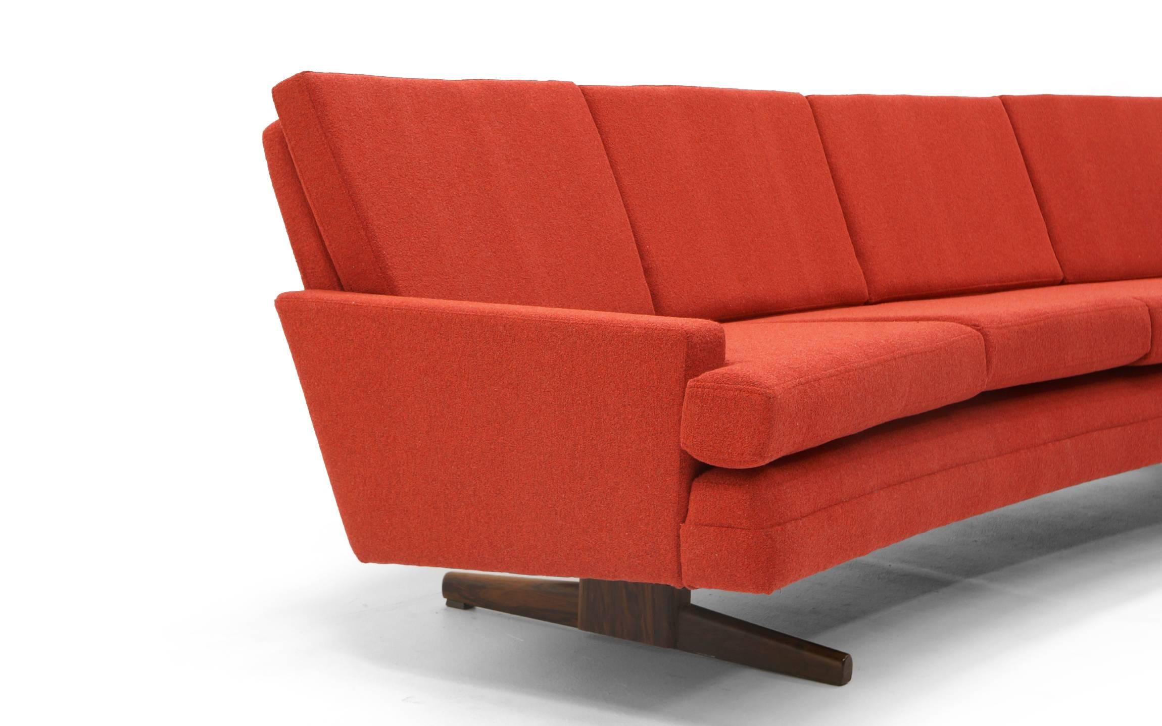 Scandinavian Modern Curved Sofa by Frederick Kayser Restored Redone in Rich Red Knoll Cuddle Cloth