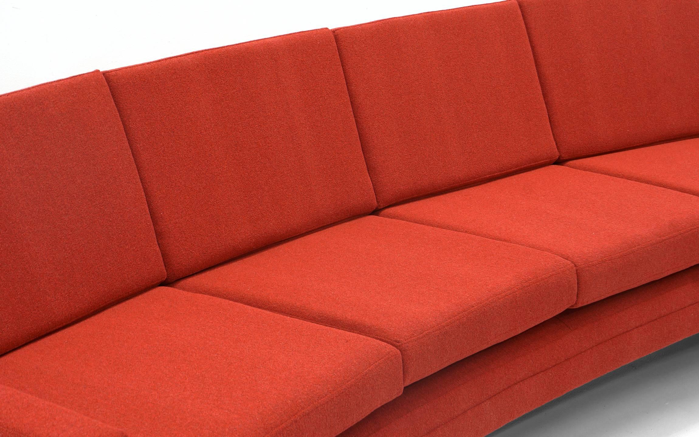 Norwegian Curved Sofa by Frederick Kayser Restored Redone in Rich Red Knoll Cuddle Cloth