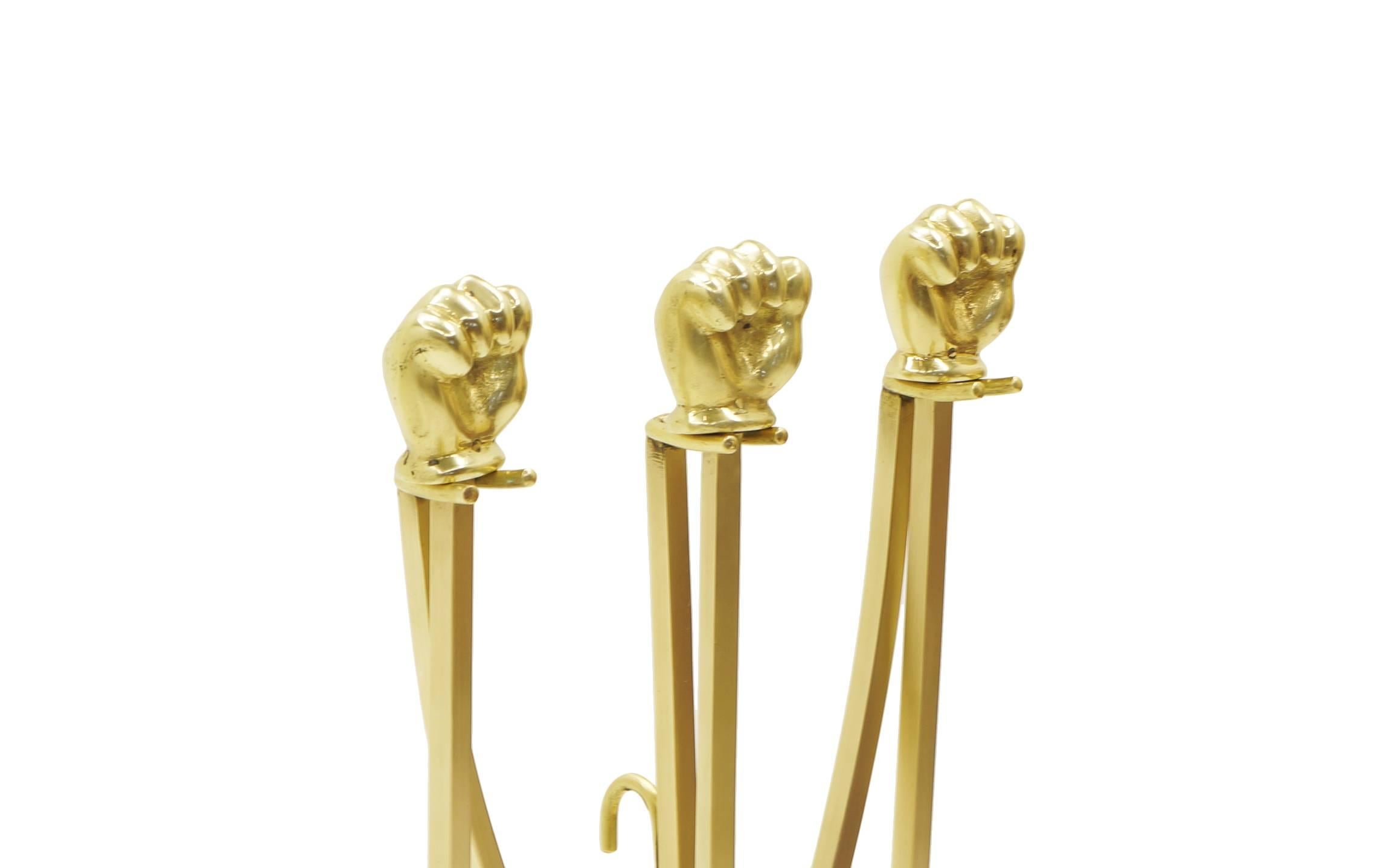 Mid-Century Modern Solid Brass Fireplace Tools with Four Fingered Fists as Handles