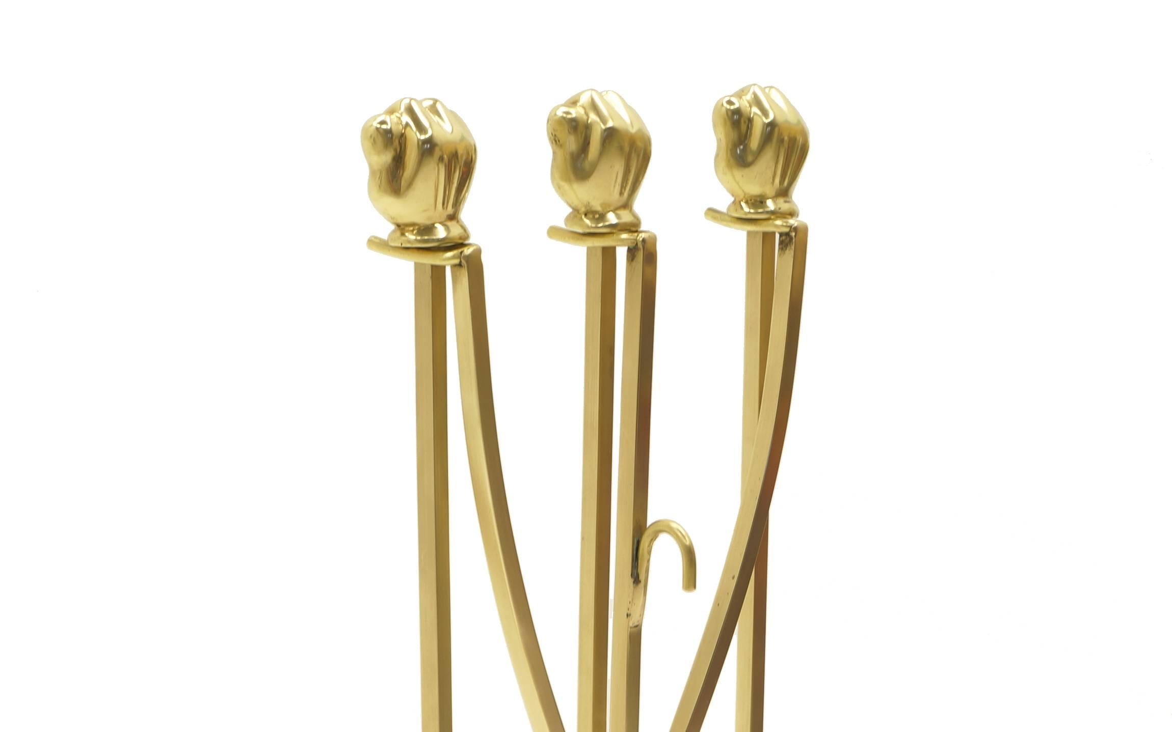Solid Brass Fireplace Tools with Four Fingered Fists as Handles In Good Condition In Kansas City, MO