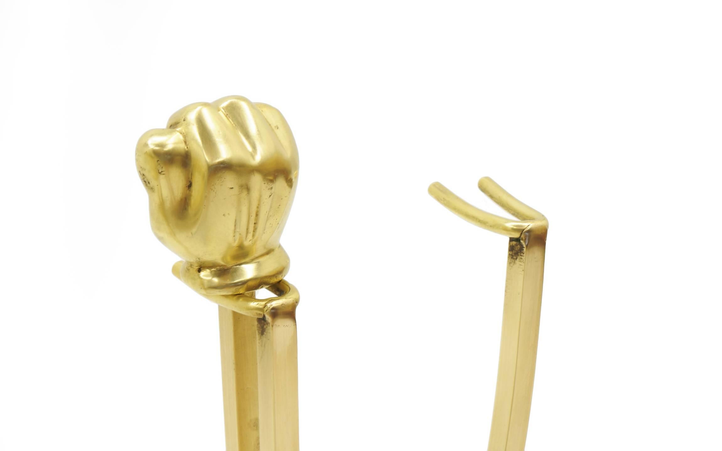 Solid Brass Fireplace Tools with Four Fingered Fists as Handles 1