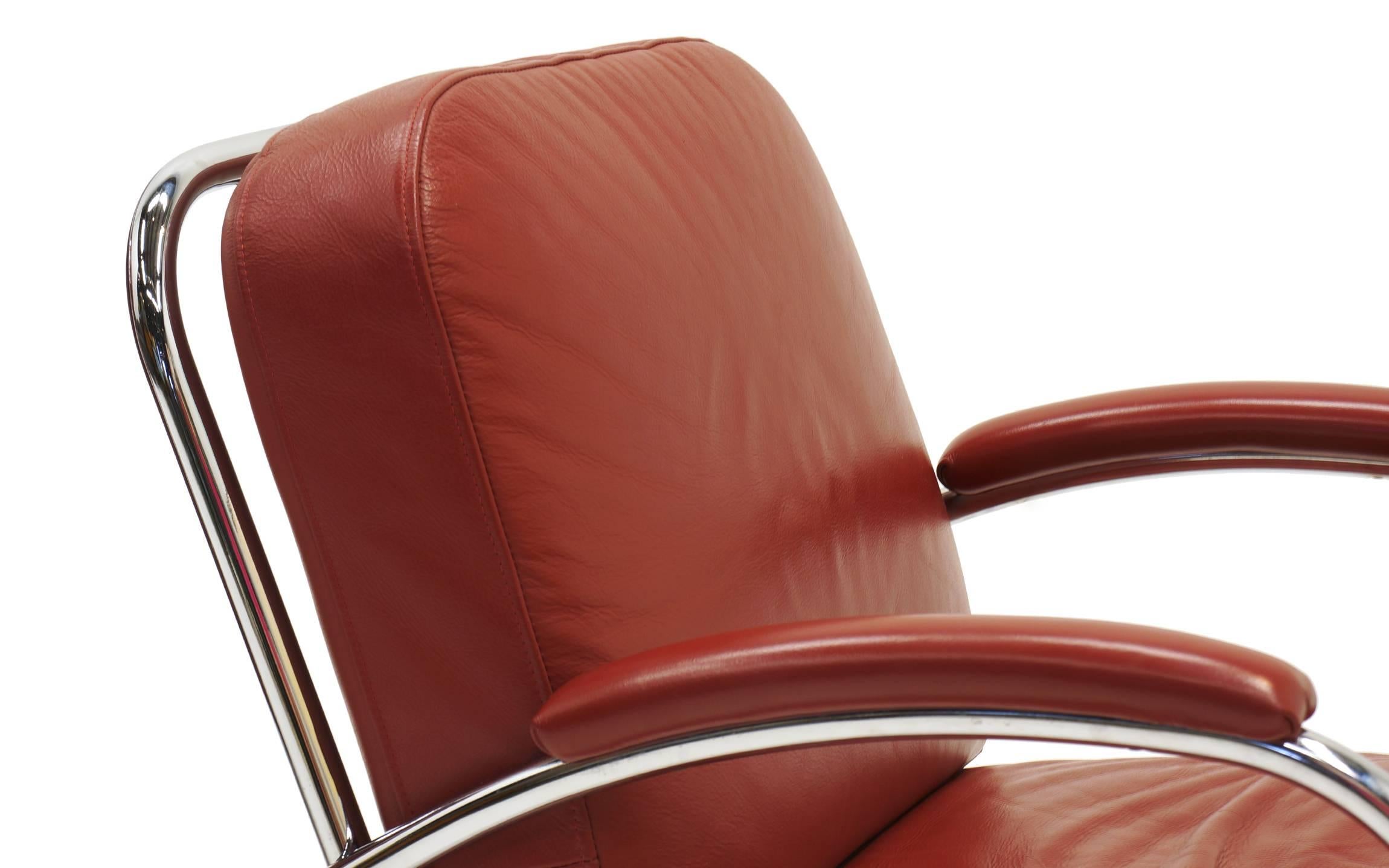 Art Deco Pair of Tubular Chrome and Red Leather Lounge Chairs by KEM Weber for Lloyd