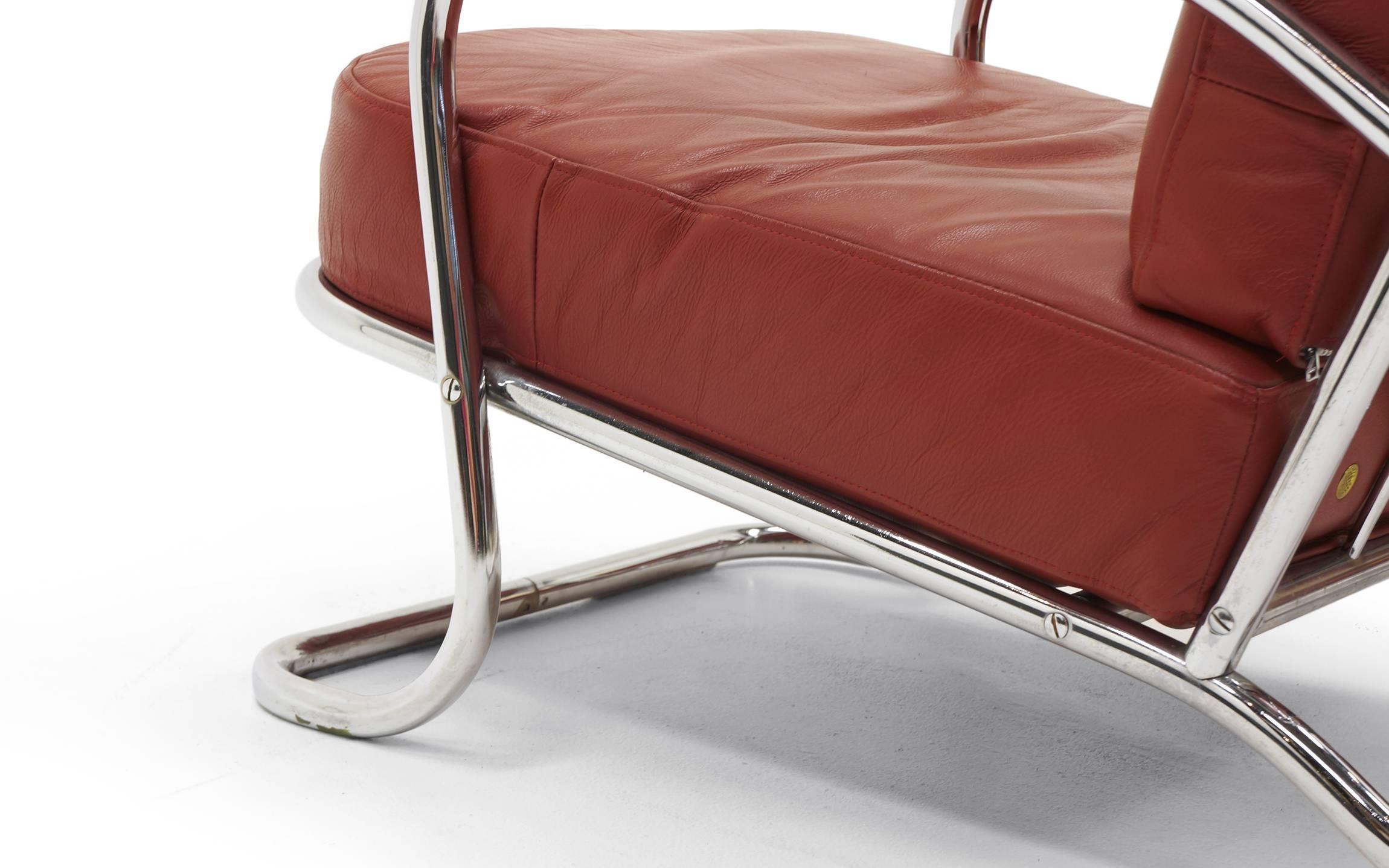 Pair of Tubular Chrome and Red Leather Lounge Chairs by KEM Weber for Lloyd 1