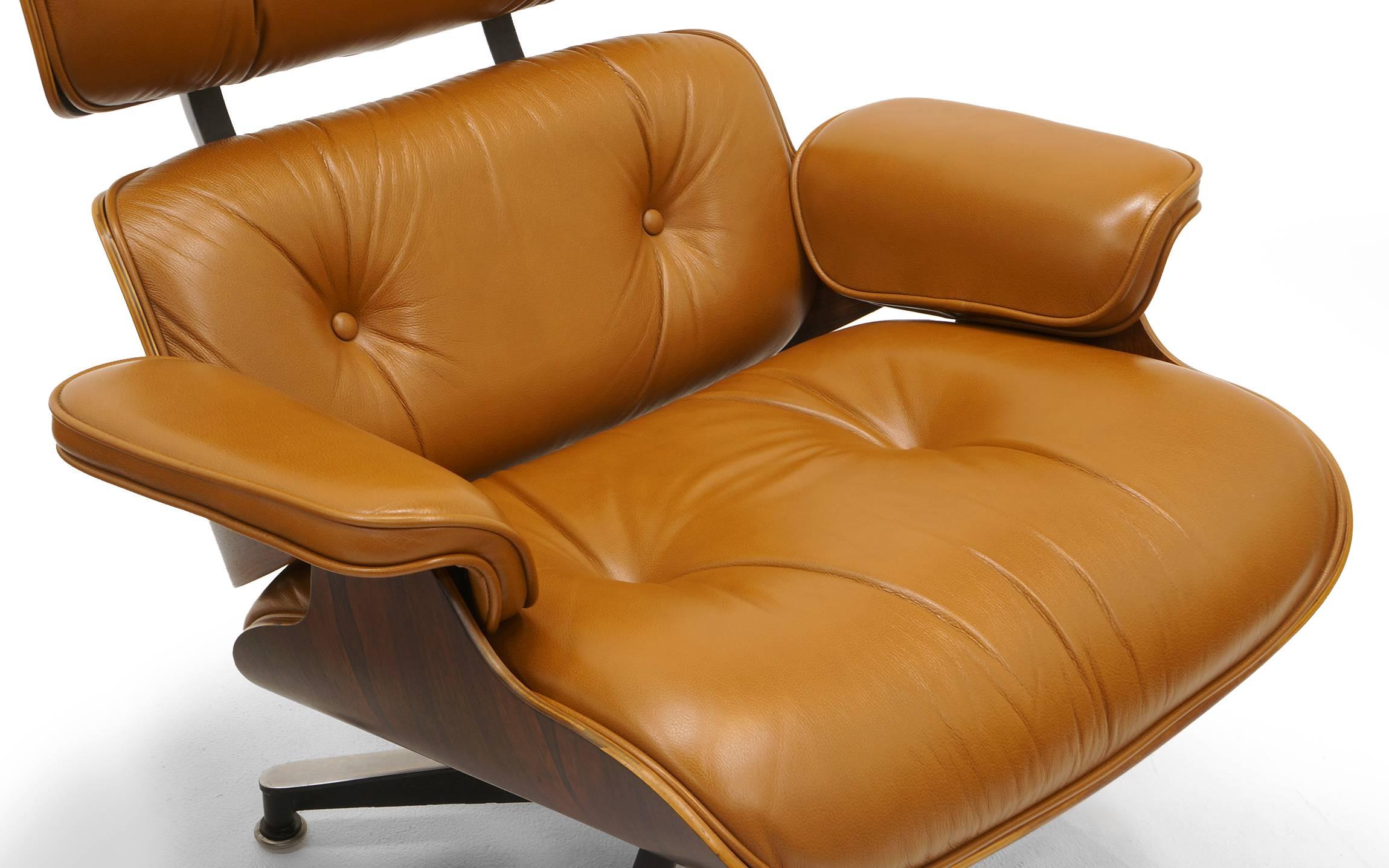 American Eames Lounge Chair and Ottoman, Rosewood and Rare Cognac Leather