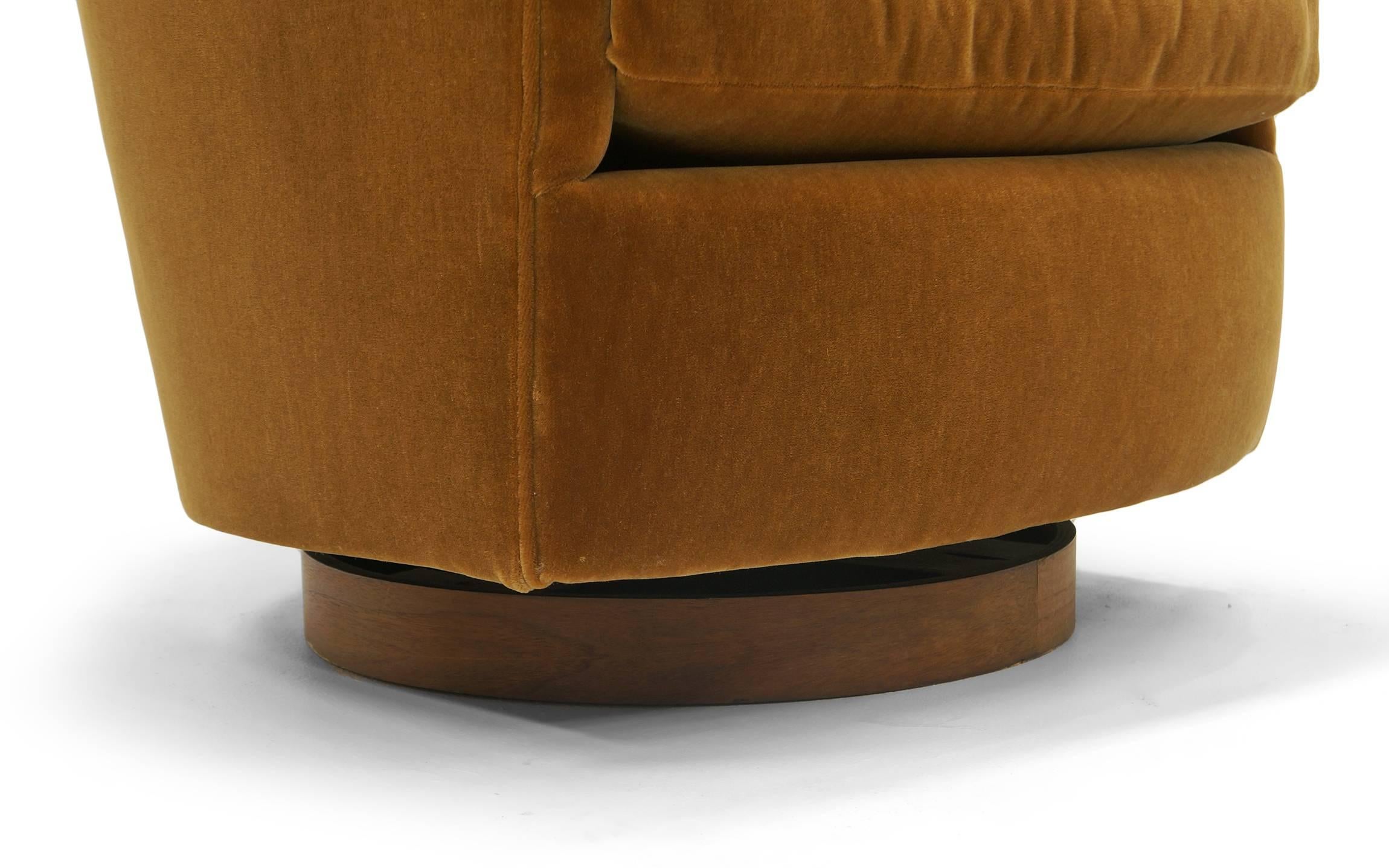 Pair of Tilt and Swivel Barrel Chairs by Milo Baughman.  Caramel color Mohair. 1