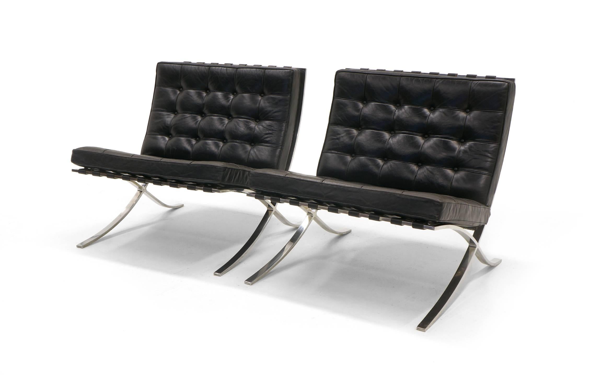 American Pair of Barcelona Chairs, Early Knoll Production, Stainless and Black Leather