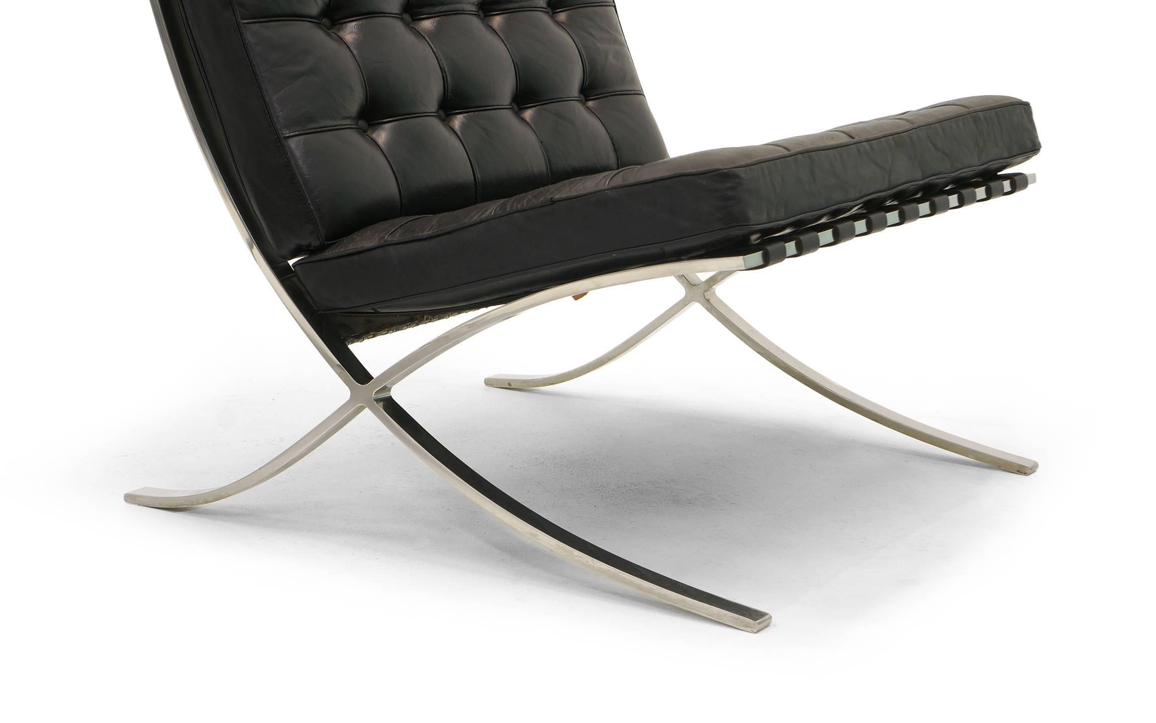 Pair of Barcelona Chairs, Early Knoll Production, Stainless and Black Leather 2