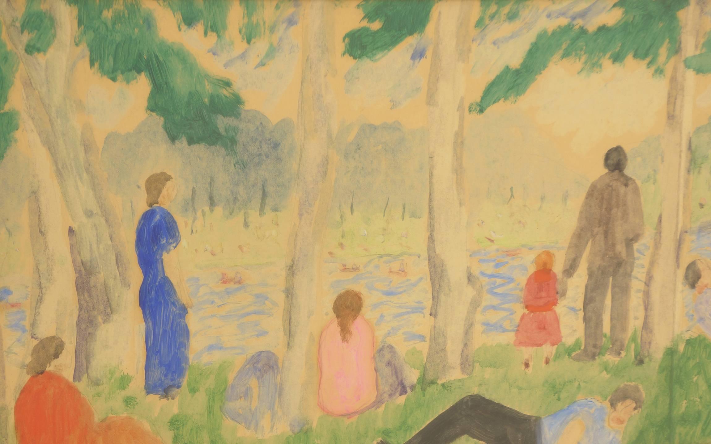 Early modernist watercolor on paper by Abraham Walkowitz (March 28, 1878-January 27, 1965), titled is Bathers on Grassy Shore. This work was done between 1920-1925. Framed.
 