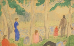 Watercolor by Abraham Walkowitz, Title Bathers on Grassy Shore, circa 1920-1925