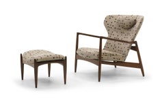 Danish High Back Lounge Chair and Ottoman by Ib Kofod Larsen, Eames Dot Fabric