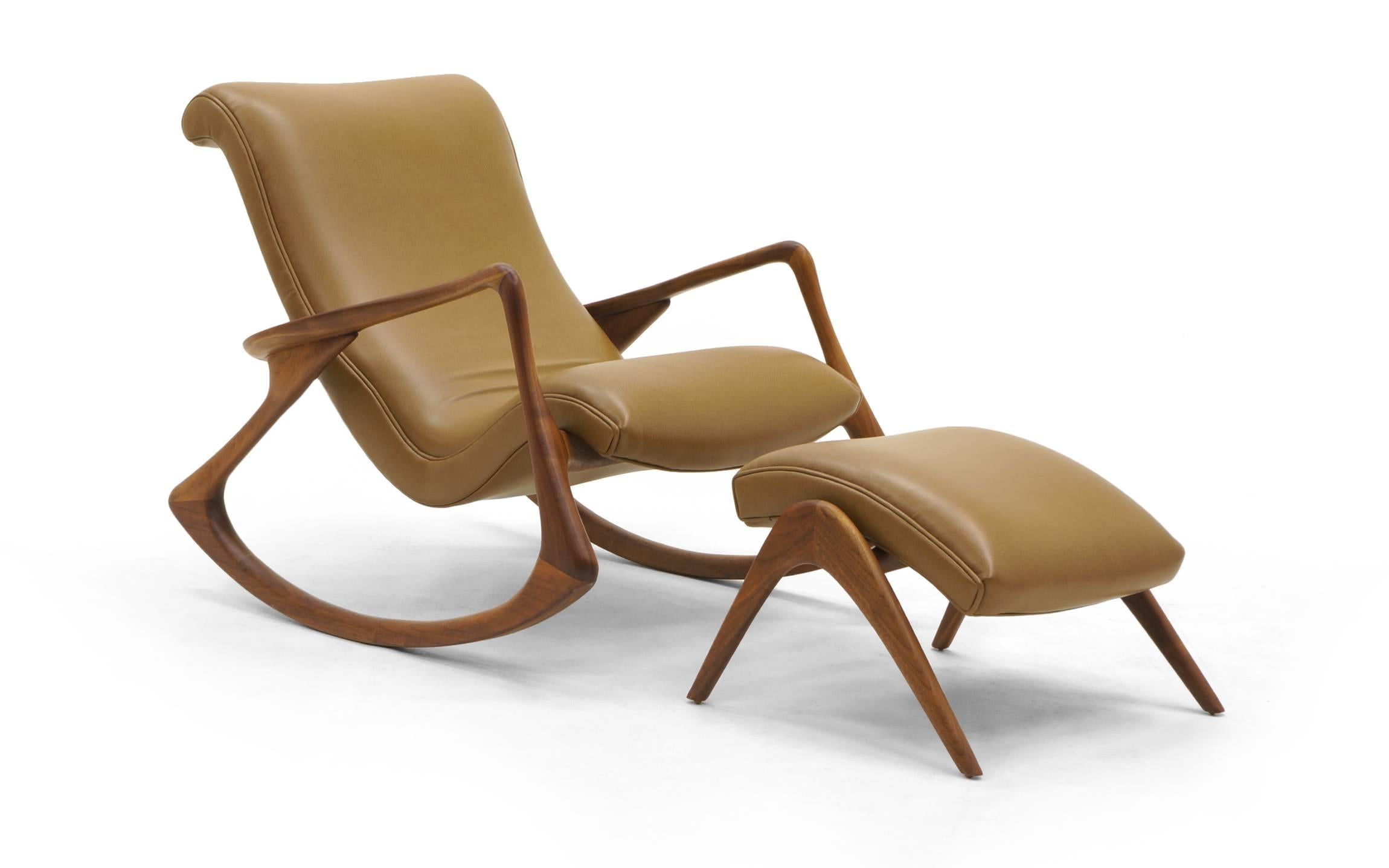 Vladimir Kagan manufactured this contour rocking chair and ottoman in an exclusive reissue with Ralph Pucci International. The upholstery was upgraded to holly hunt stingray leather. Both the chair and ottoman are in excellent condition. Signed with