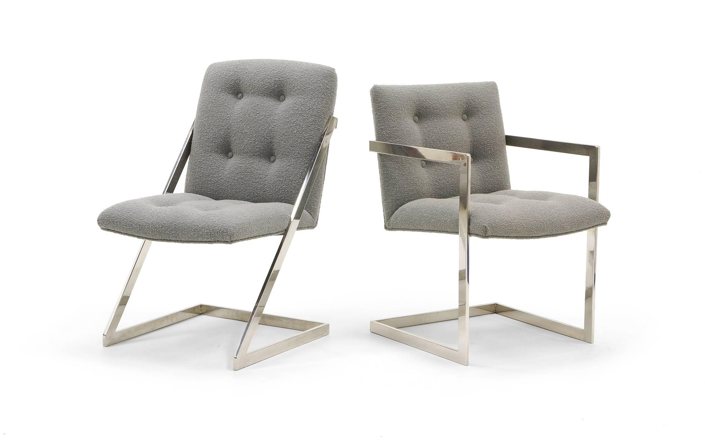 Set of six dining chairs designed by Milo Baughman for Design Institute of America. Four side chairs with Z profile chromed steel frames and two arm chairs. Reupholstered in a medium gray Knoll Classic Boucle. New foam as well
Armchair