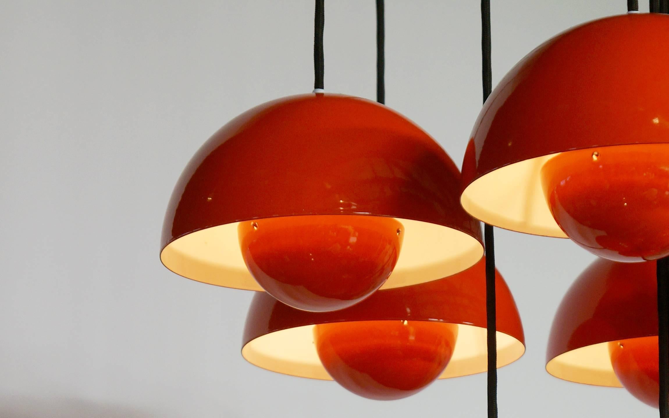 Mid-Century Modern Verner Panton Light Fixture/Chandelier Made Up Ten Red Orange Flowerpot Lamps