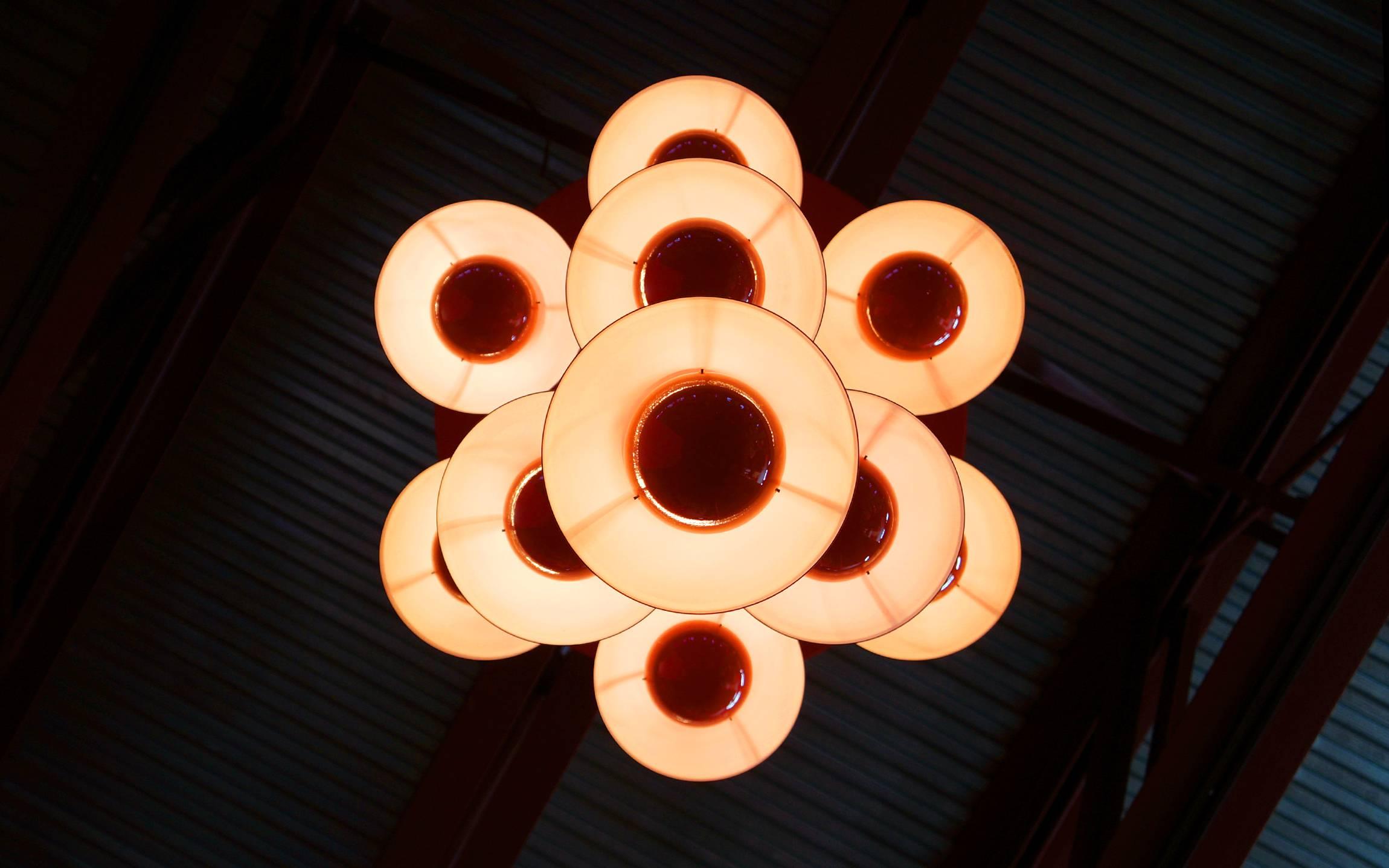 Danish Verner Panton Light Fixture/Chandelier Made Up Ten Red Orange Flowerpot Lamps