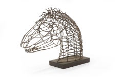 Wire Table Top Horse Sculpture Mounted on a Wood Base