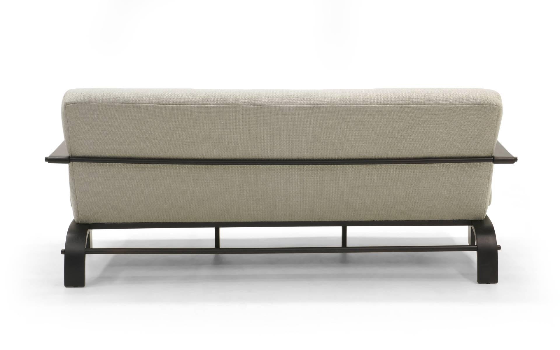 American Three-Seat Sofa by Russell Wright, Black Frame and Light Grey-Silver Fabric For Sale