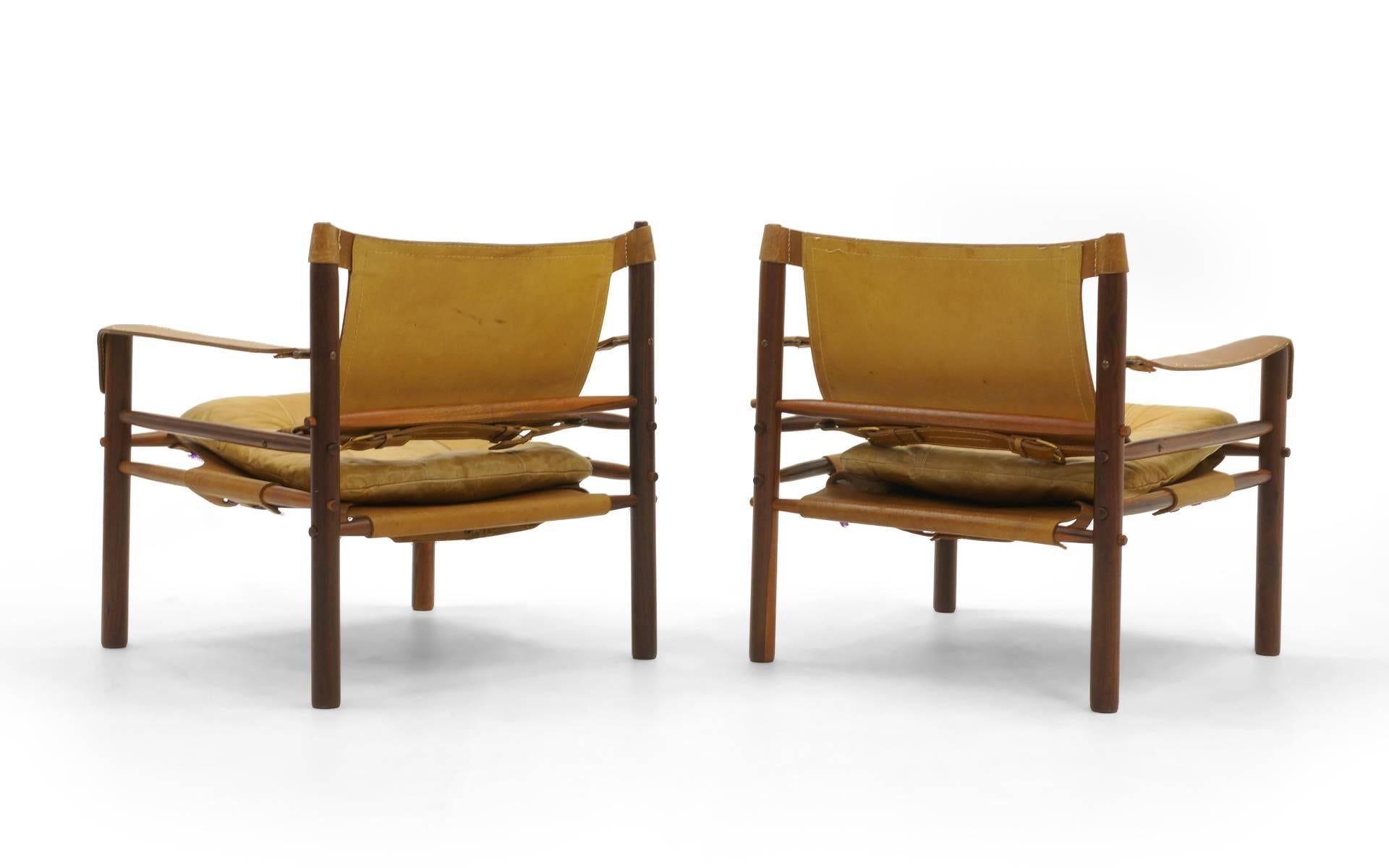 Swedish Pair of Sirocco Safari Lounge Chairs by Arne Novell, Rosewood and Leather