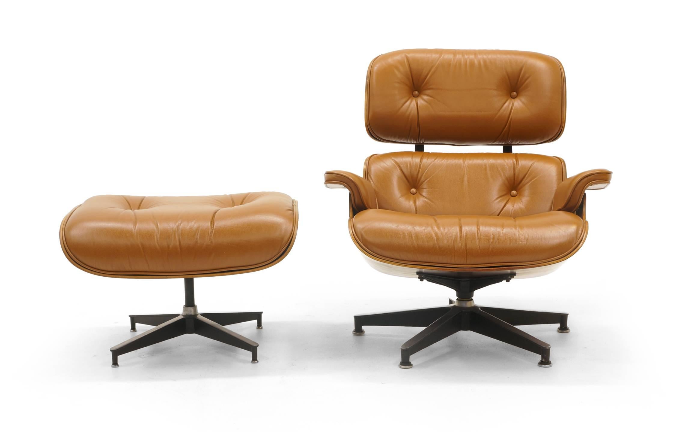 Charles and Ray Eames lounge chair and ottoman in Brazilian rosewood and cognac/ camel color/tan leather in very good to excellent condition. One previous owner and we have the original receipts and leather samples. The leather on this chair is in