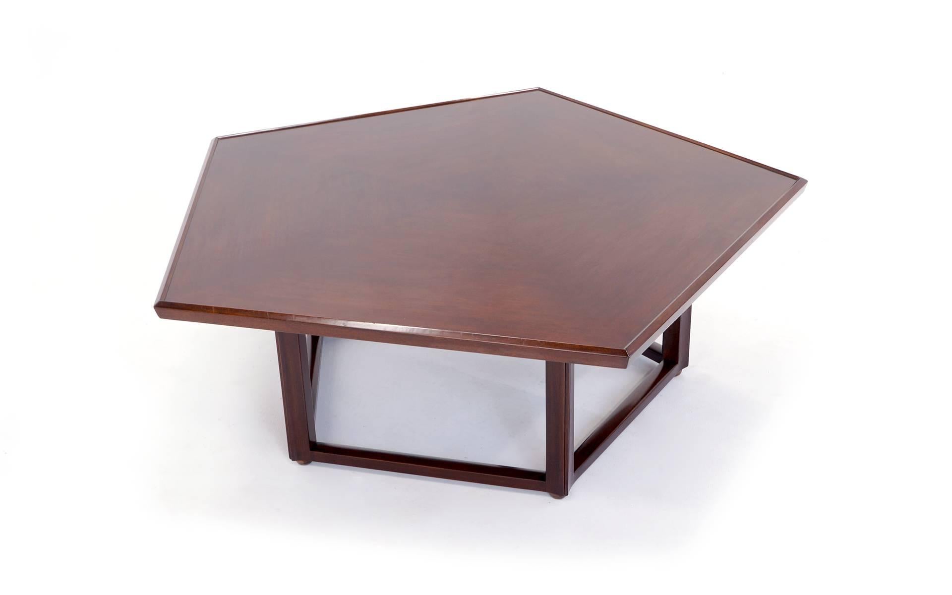 All original, signed, Dunbar pentagonal coffee table designed by Edward Wormley. Beautiful patina on the original finish.