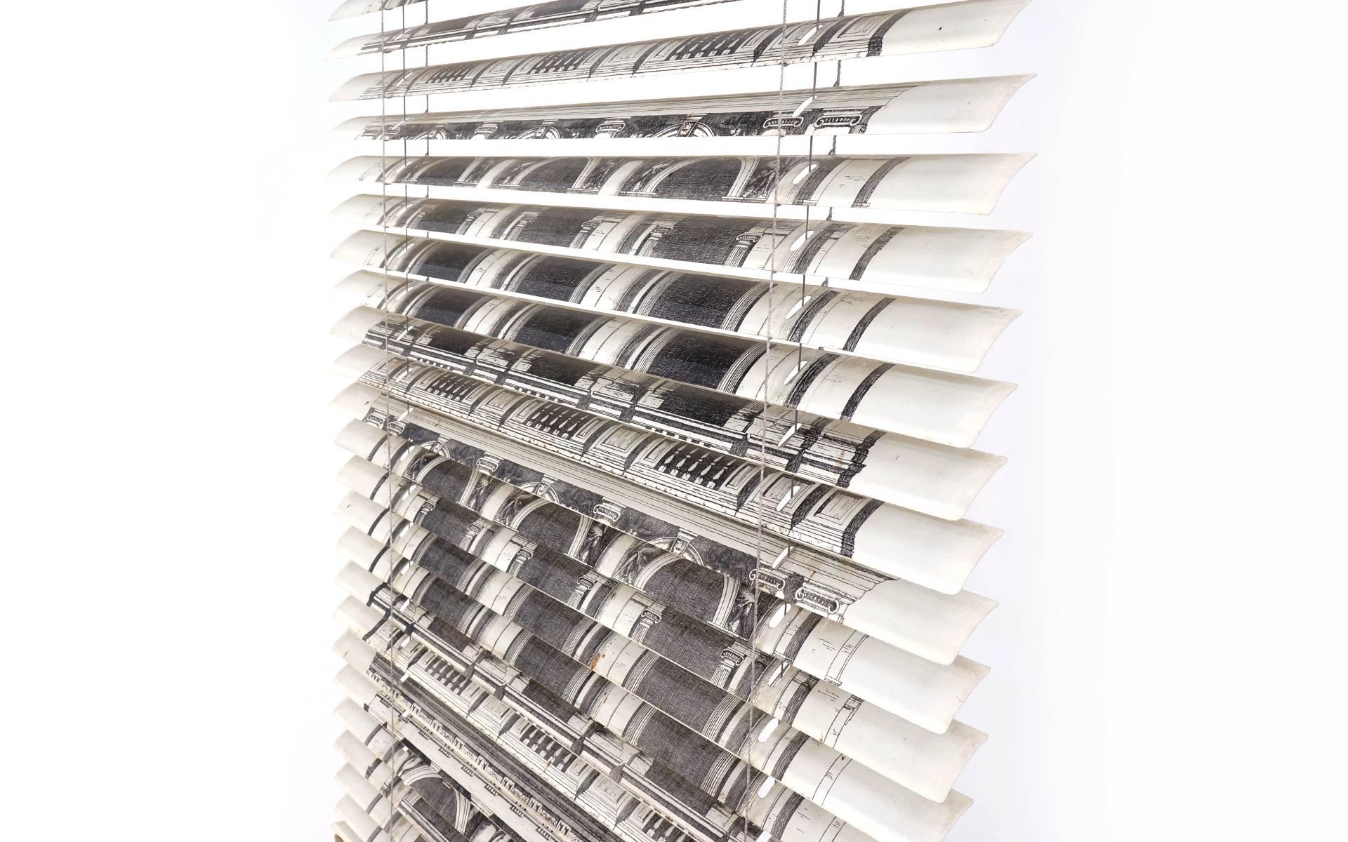 Very rare Procuratie Venetian blinds by Piero Fornasetti, Italy, circa 1960, lithograph on aluminum, enameled steel.
   