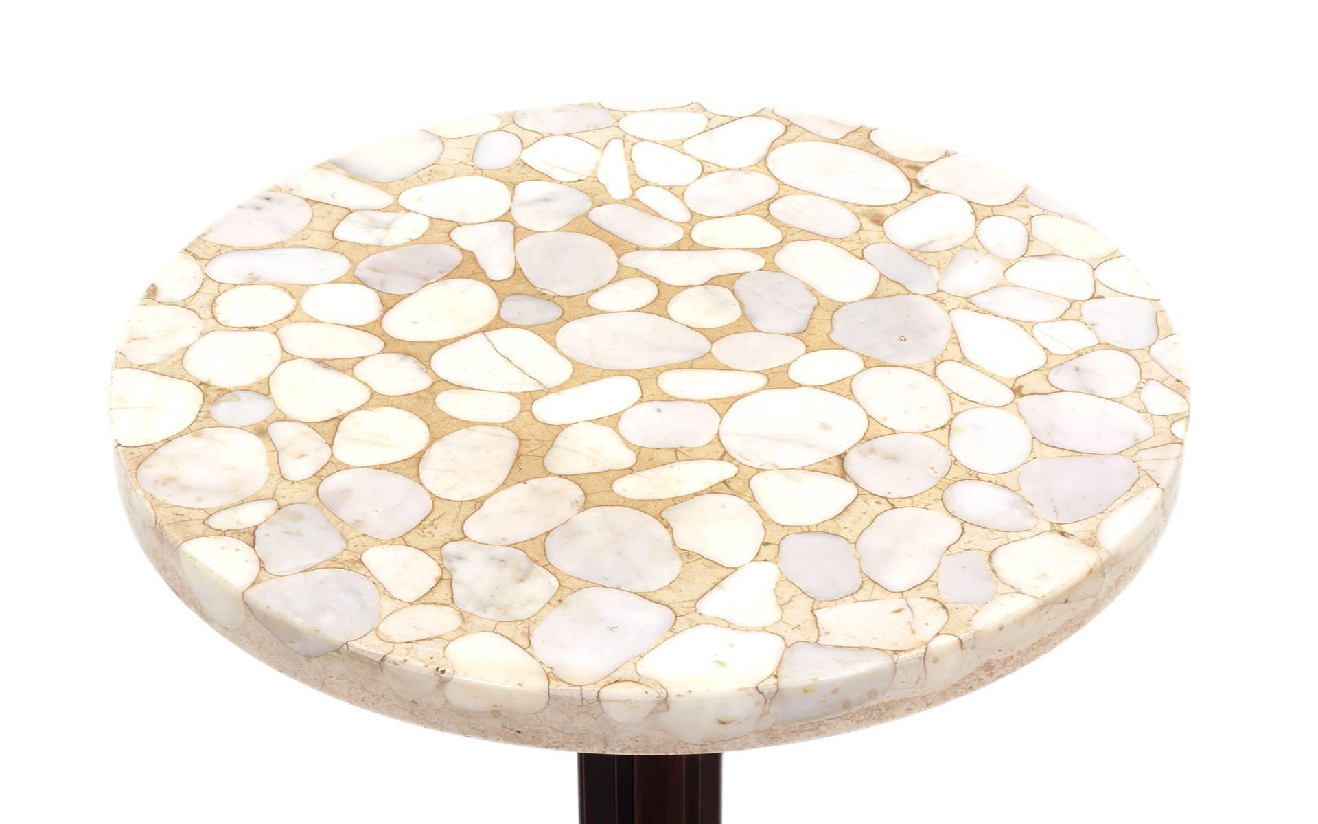 Rare version of this Dunbar side / occasional table.  Terrazzo top, mahogany frame with brass feet.  Excellent example of this design.