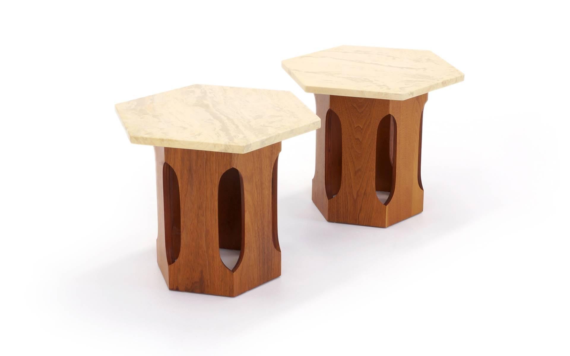 Harvey Probber Style end tables with mahogany bases and faux marble resin tops. Excellent examples of this design.