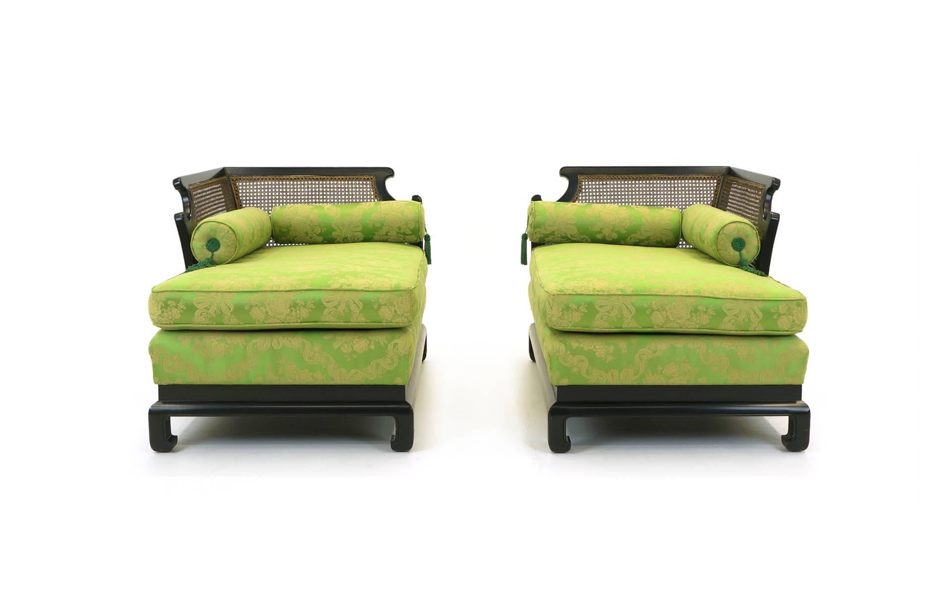 Pair of Asian chaises with original fabric that looks virtually new. However, the foam interior has become hard. We decided to leave it up to the next owner whether to re-foam the original upholstery or redo the set completely (which is reflected in
