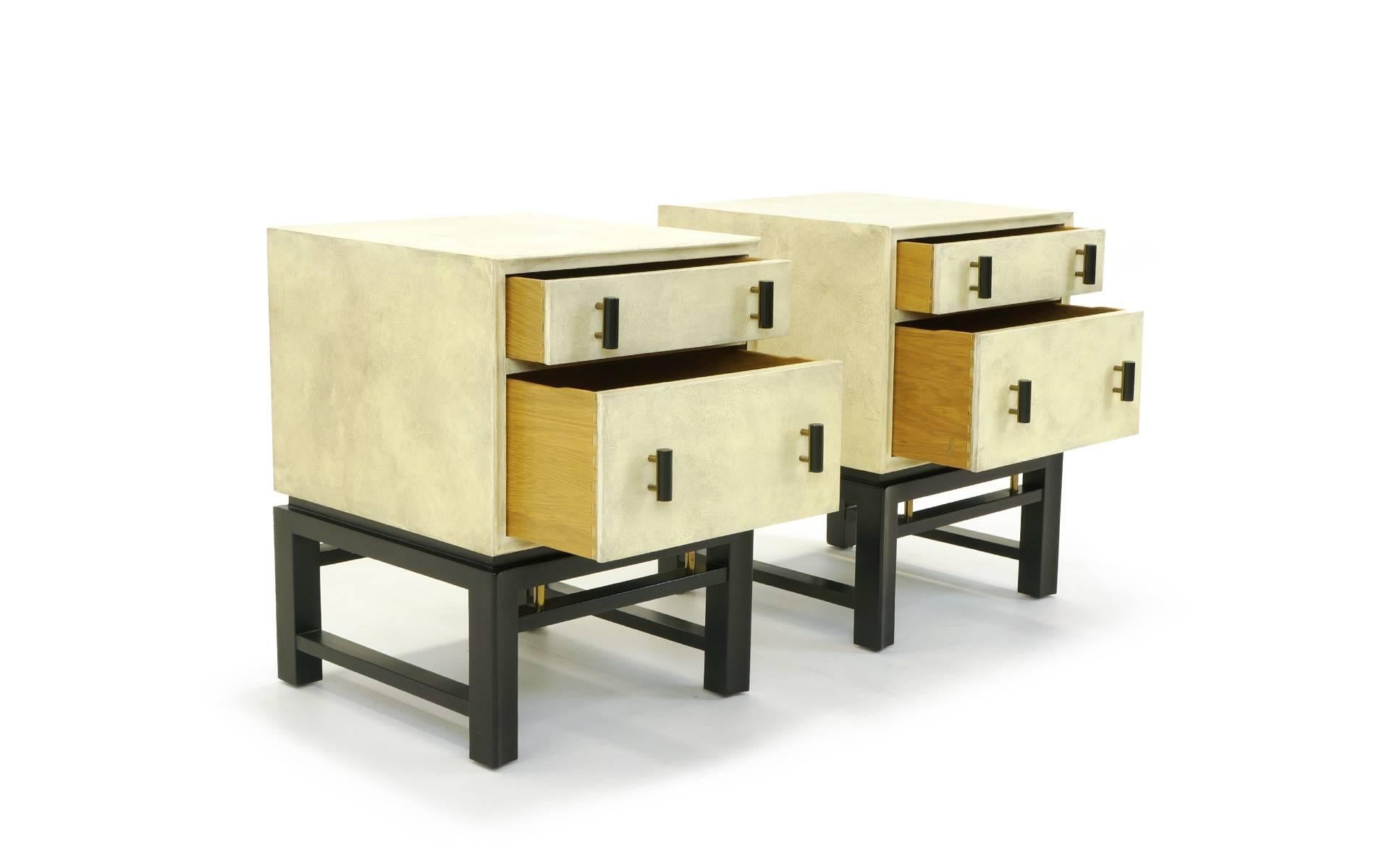 Near perfect condition lacquered goatskin nightstands or side tables designed by Edward Wormley. All original, exceptional examples.
