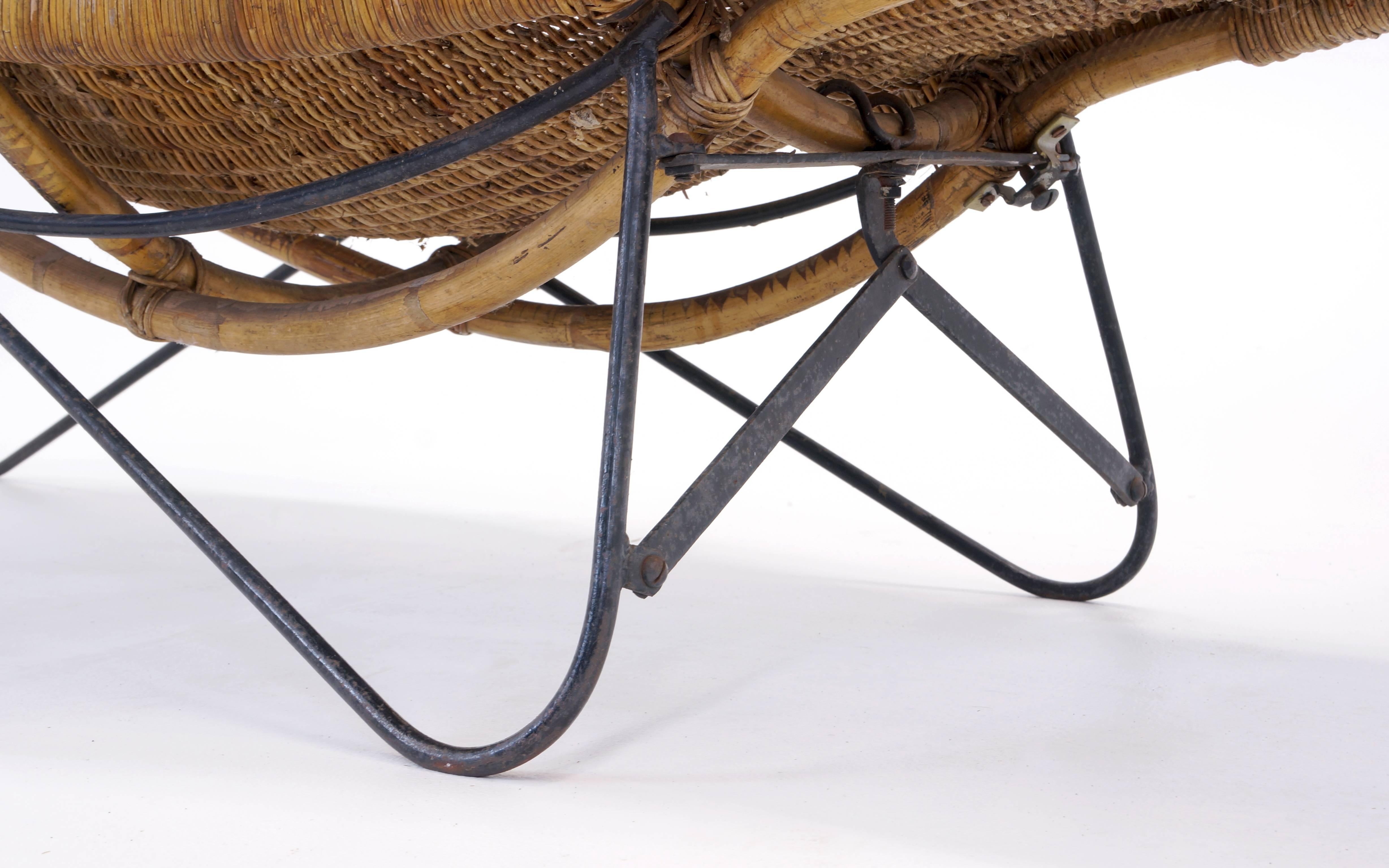 Mid-20th Century Pair of Wicker or Cane and Iron Fish Shaped Outdoor or Patio Chaise Lounges