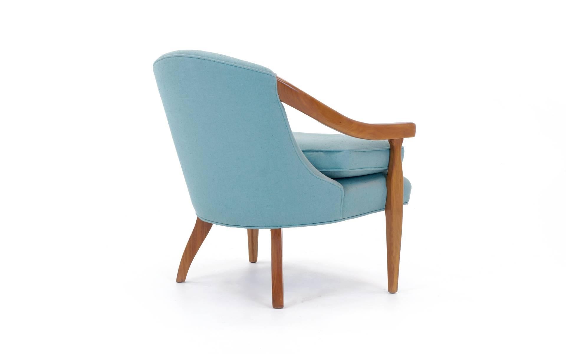 American Elegant Club Lounge Chair or Side Chair by Baker, Walnut and Blue Fabric