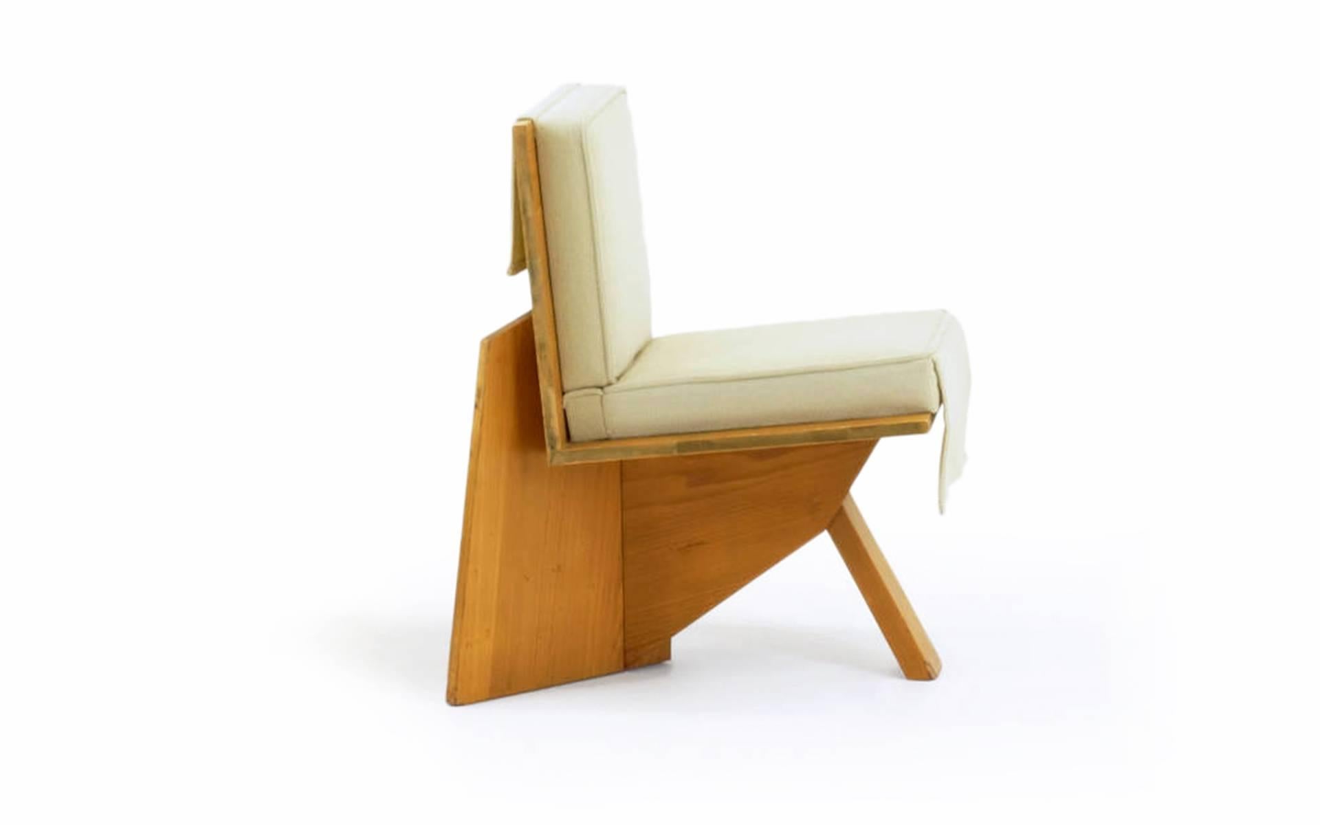 Original Frank Lloyd Wright chair from the Clarence Sondern House, Kansas City, MO. USA, circa 1938. Cypress plywood, upholstery. 
Provenance: Clarence Sondern House, Kansas City, MO Thomas S. Monaghan The Domino's Pizza Collection Christie's, New