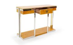 Willy Rizzo Burl, Brass, and Chrome Console or Sofa Table with Drawer for Sabot