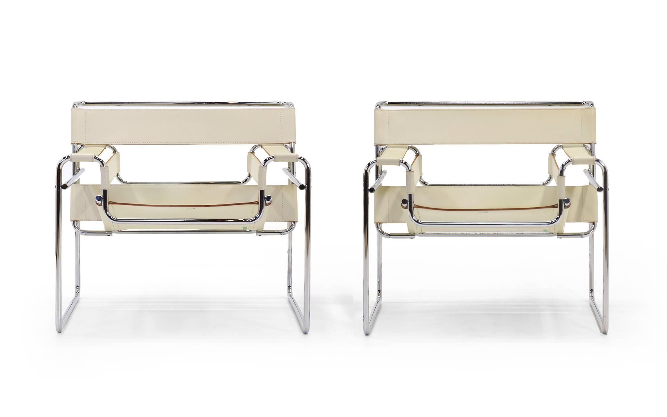 Like new set of four Marcel Breuer Wassily chairs for Knoll. Recent Authentic production. Ivory leather.