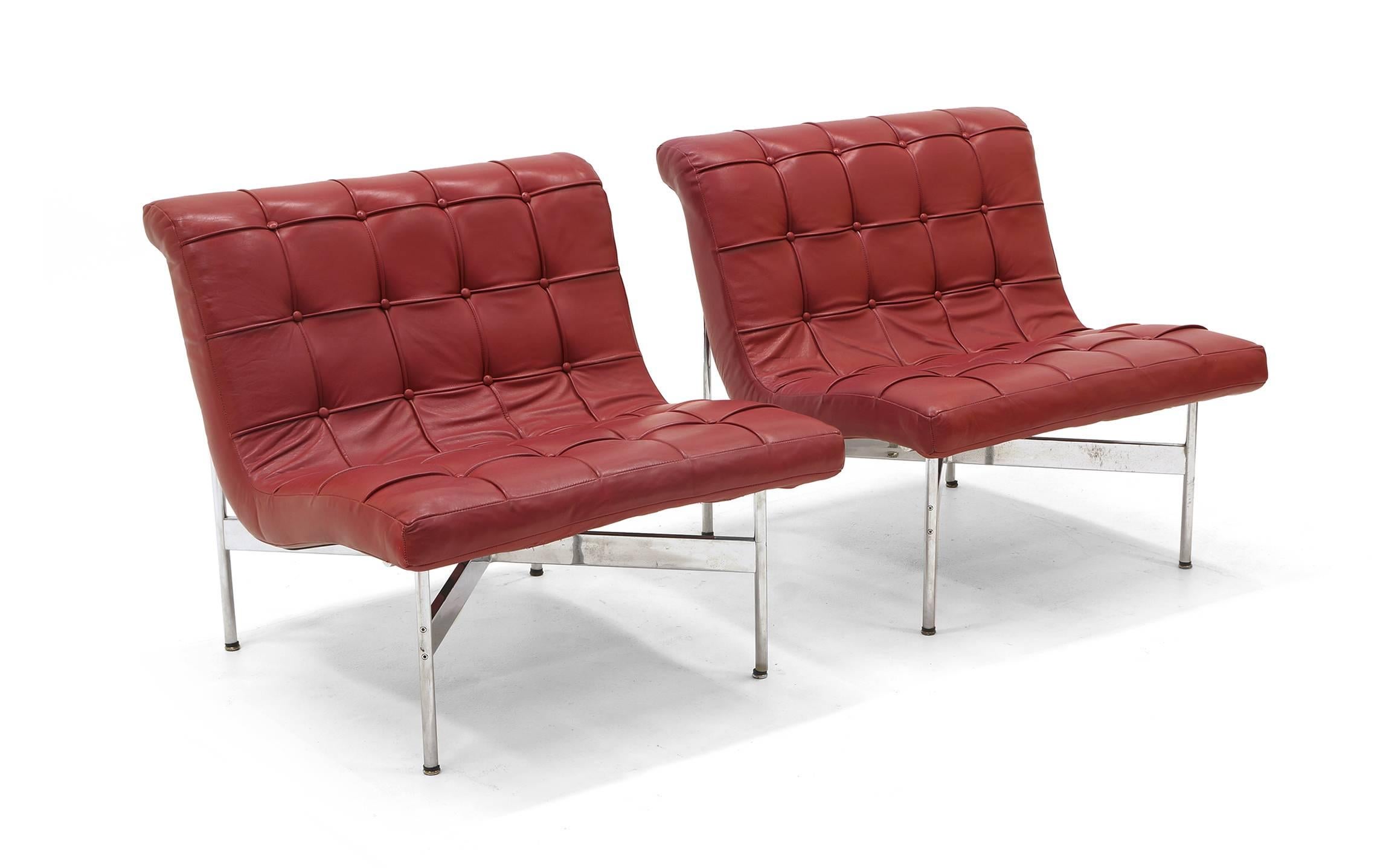 Pair of Laverne Red Leather Lounge Chairs In Good Condition For Sale In Kansas City, MO