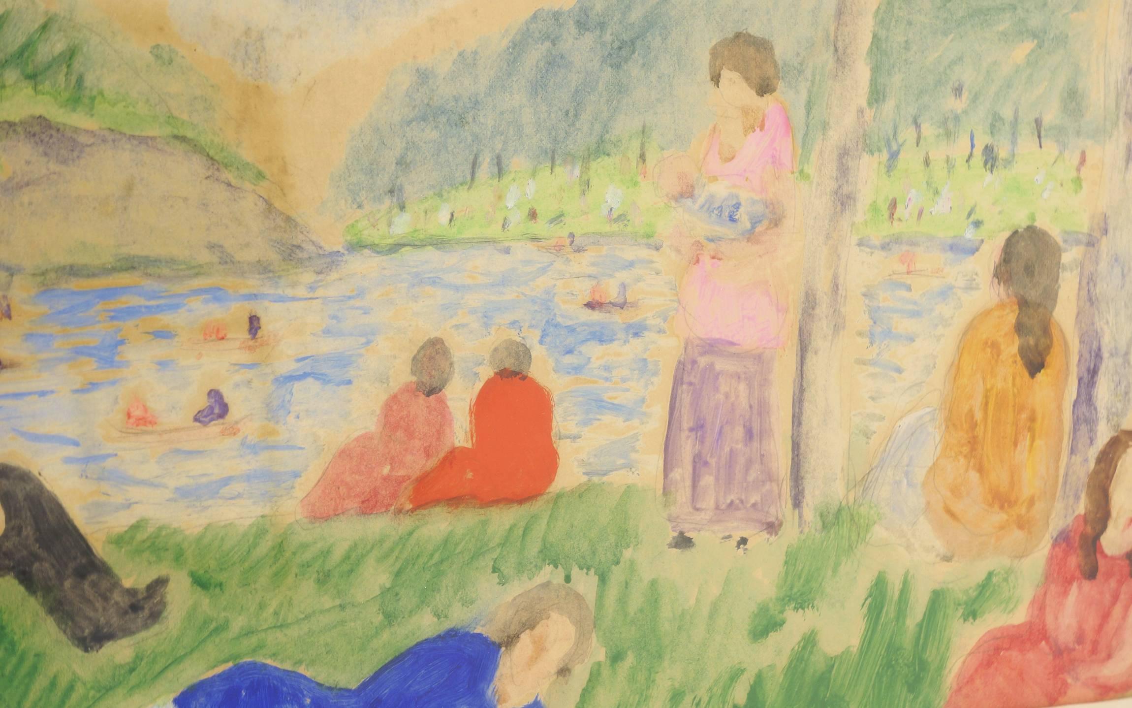 Modern Watercolor by Abraham Walkowitz, Title Bathers on Grassy Shore, circa 1920-1925 For Sale