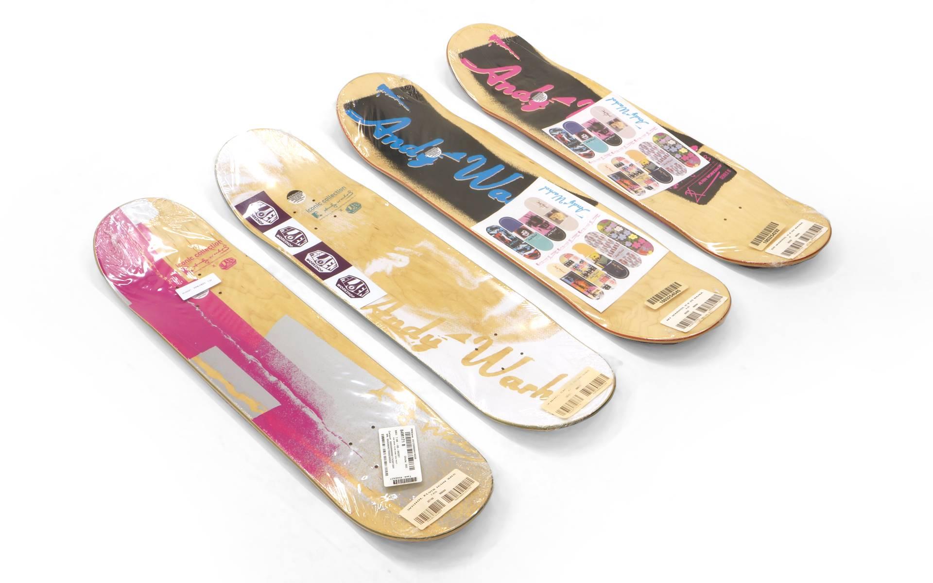 Set of four Andy Warhol skateboard decks from the iconic collection by Allen Workshop. Alien Workshop produced these in collaboration with The Andy Warhol Foundation for the Visual Arts. These examples are still in the original packaging. Great to