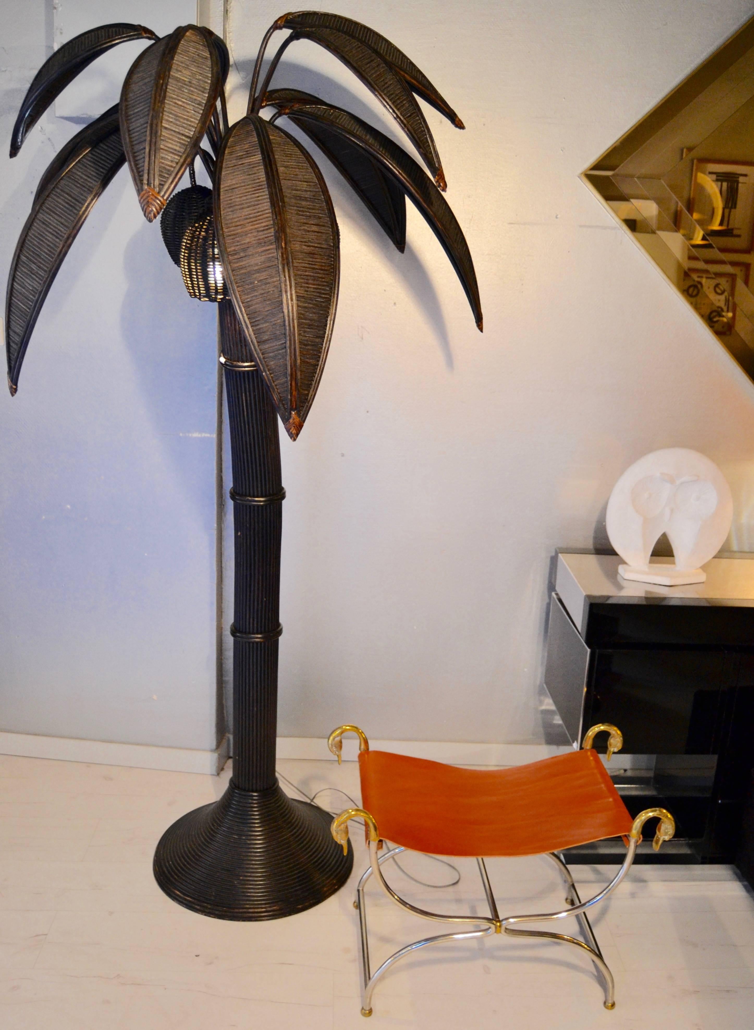 French 1970s Large Bamboo Palm Tree Lamp For Sale