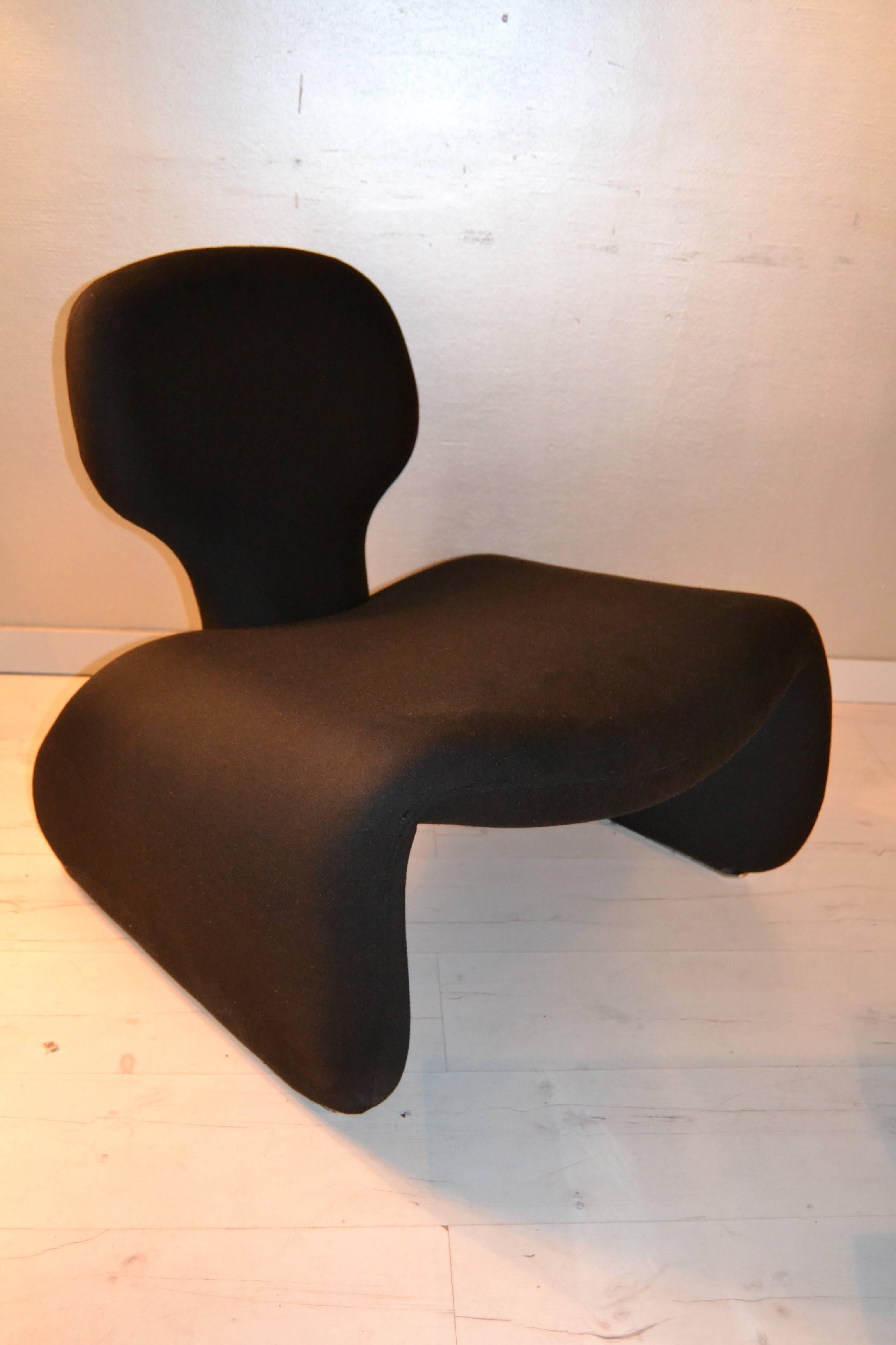 Pair of 1965 Djinn chairs by Olivier Morgue on black Jersey cotton. New uphostered as original.
Great condition.
Airborne International, France, 1965. Wool upholstery over foam and internal steel frame. 
Very popular because was featured in